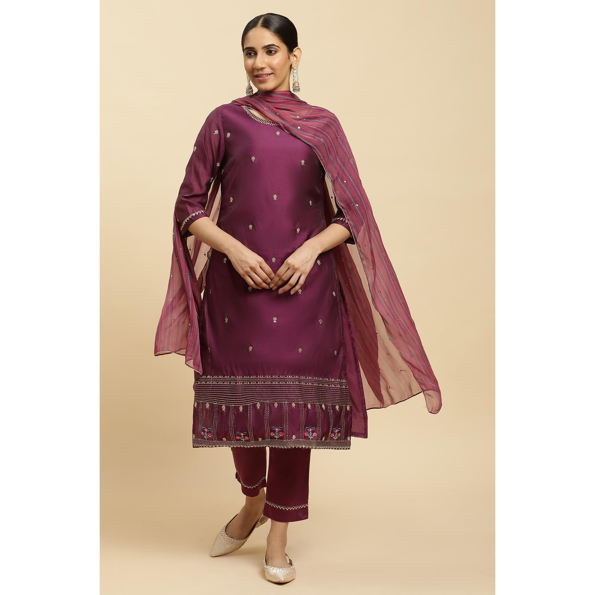 W for Woman Women's Viscose Kurta, Slim Pant & Dupatta (23AUWS10295-220629_Raspberry Purple