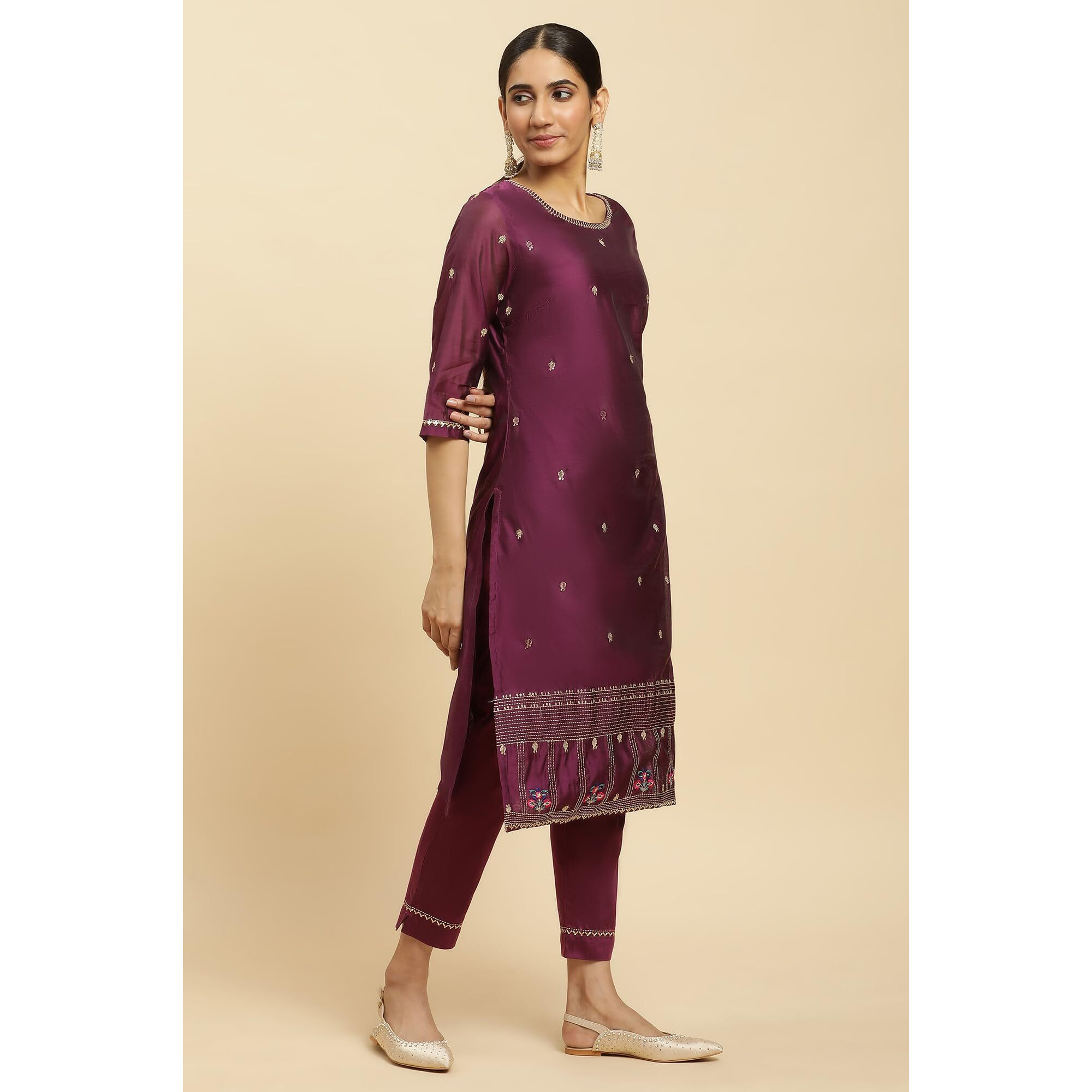 W for Woman Women's Viscose Kurta, Slim Pant & Dupatta (23AUWS10295-220629_Raspberry Purple
