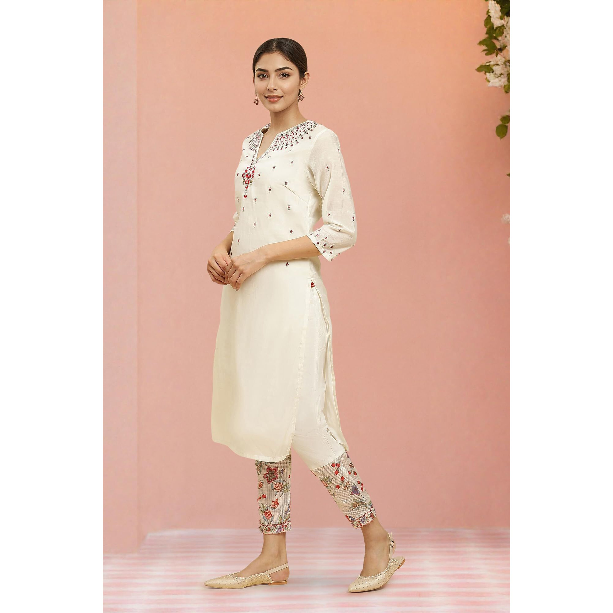 W for Woman Off W For Womanhite Floral Printed Sequined Blend Kurta Dupatta Bottomwear