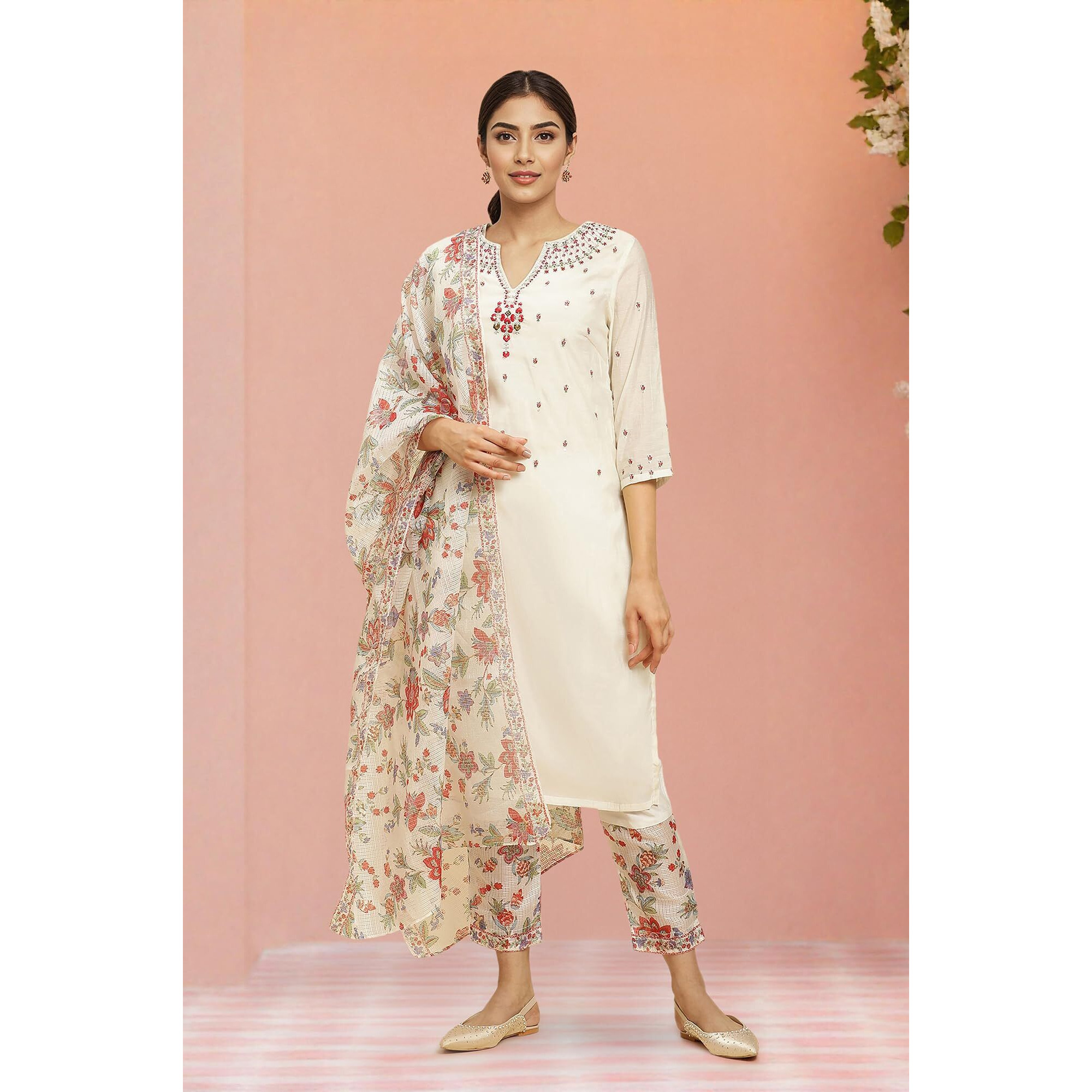 W for Woman Off W For Womanhite Floral Printed Sequined Blend Kurta Dupatta Bottomwear