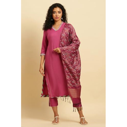 W for Woman Women's Viscose Kurta, Slim Pant & Dupatta (23AUWS19527-220351_Pink