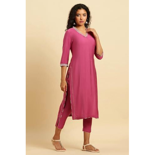 W for Woman Women's Viscose Kurta, Slim Pant & Dupatta (23AUWS19527-220351_Pink