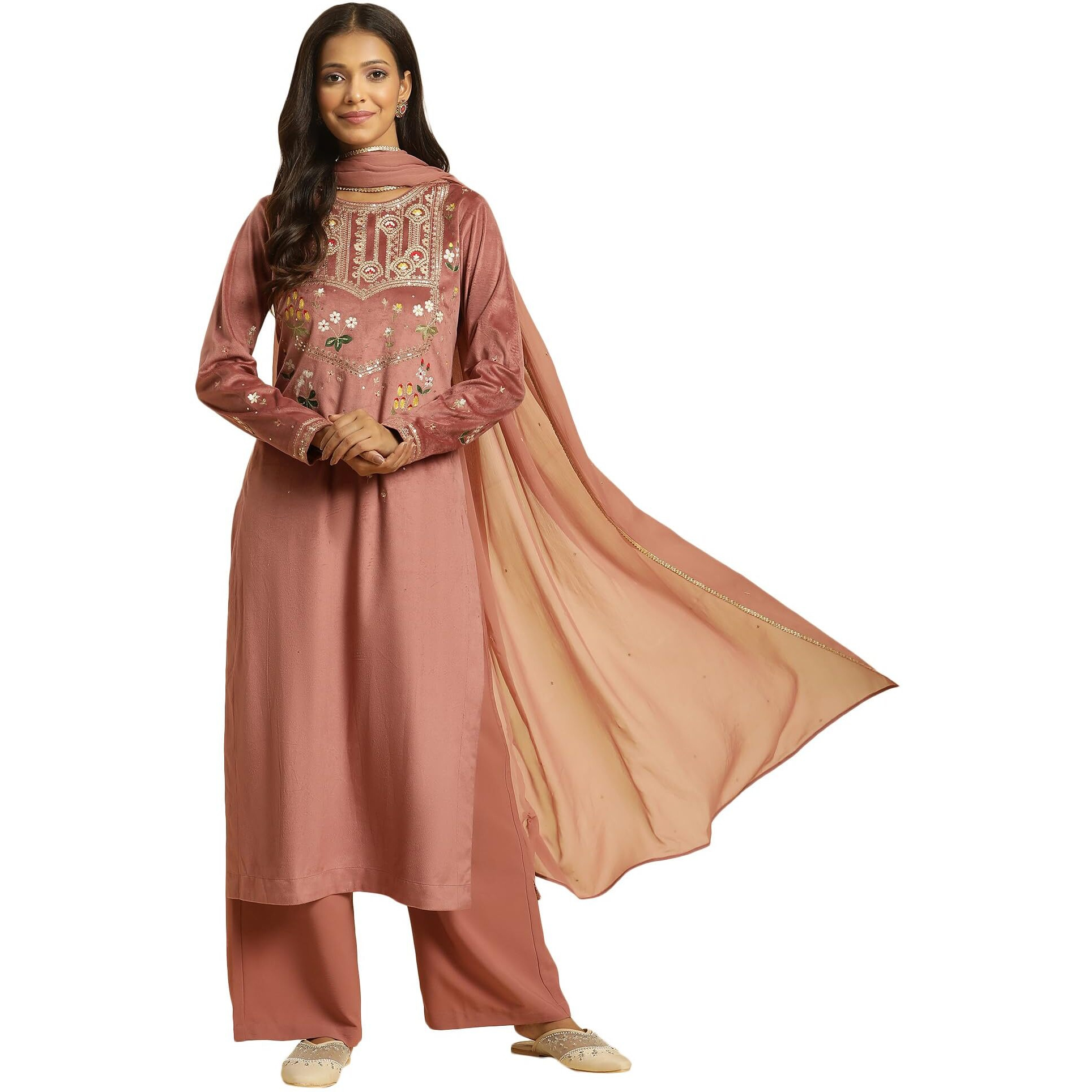 Wishful Women's Polyester Kurta, Parallel Pant & Dupatta (23AUSP11451-220407_Salmon Pink
