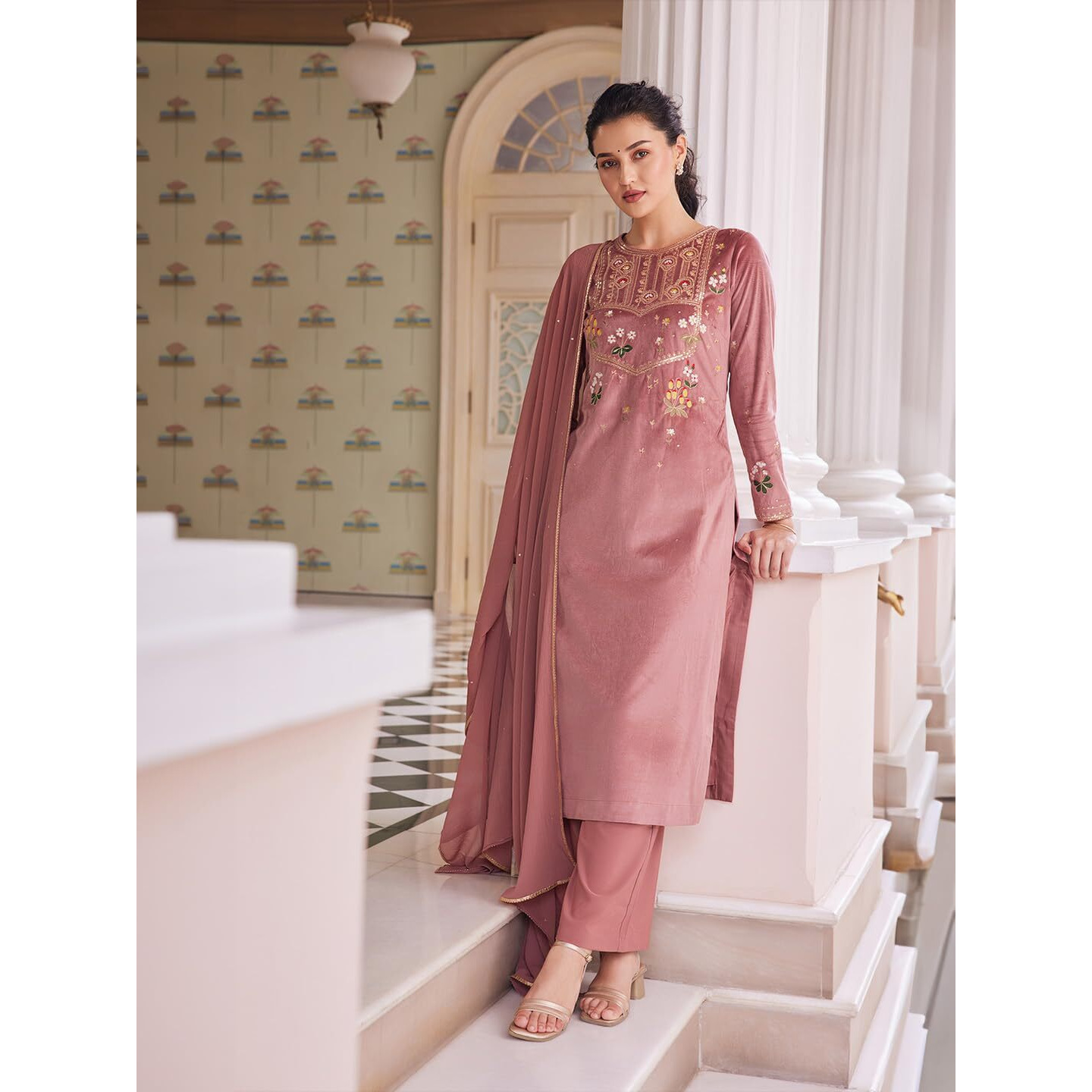 Wishful Women's Polyester Kurta, Parallel Pant & Dupatta (23AUSP11451-220407_Salmon Pink