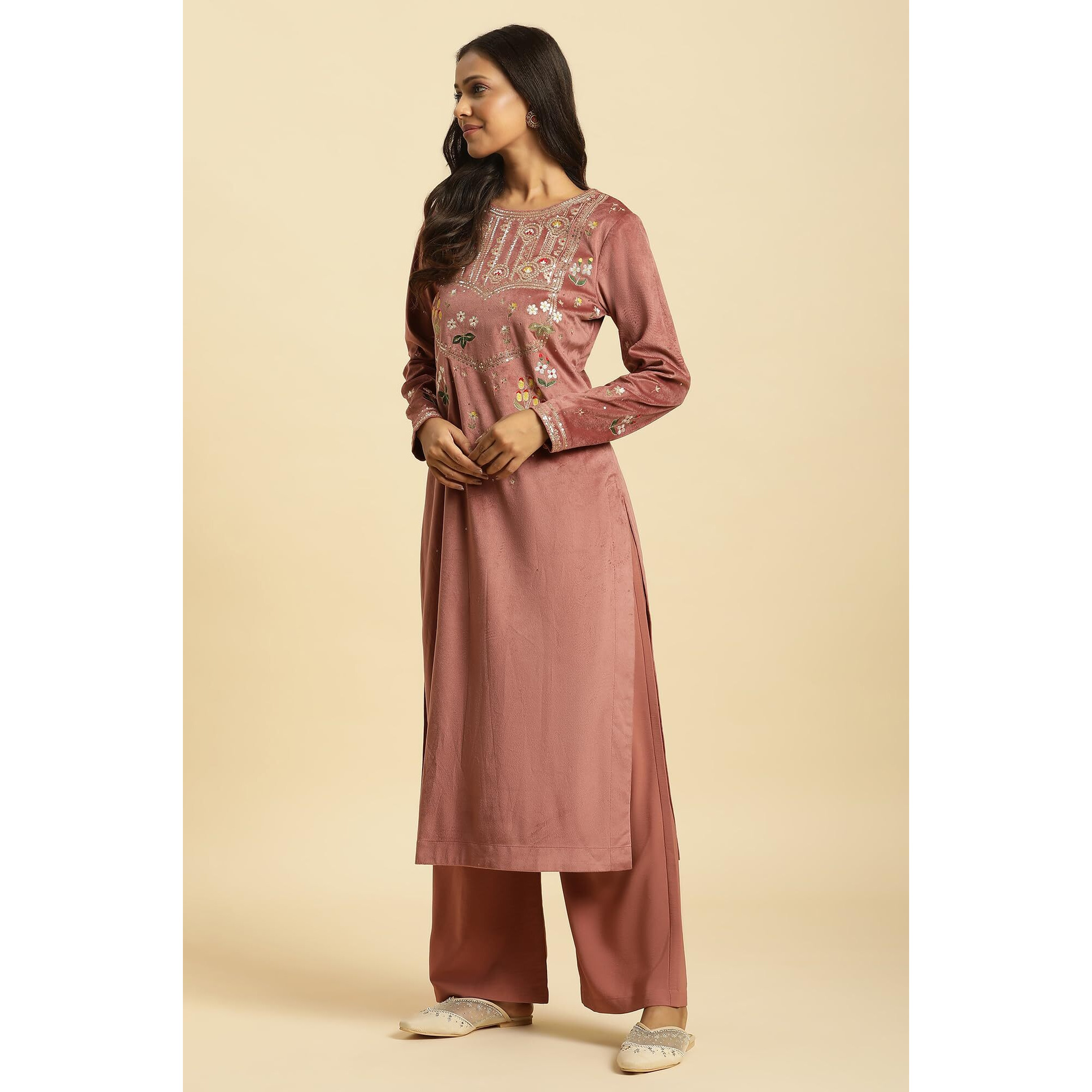 Wishful Women's Polyester Kurta, Parallel Pant & Dupatta (23AUSP11451-220407_Salmon Pink