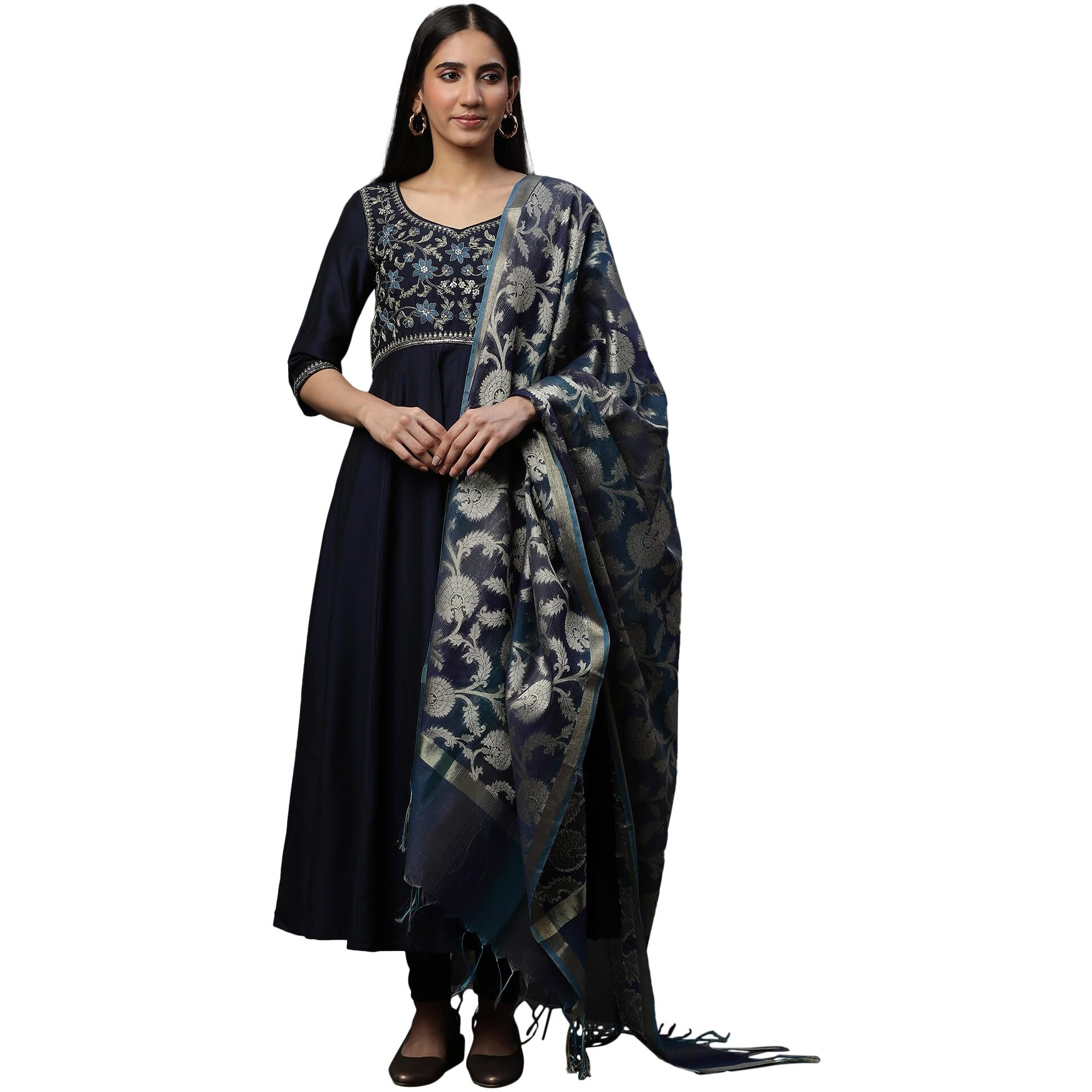 Aurelia Women's Solid Flared Kurta Set with Leggings & Dupatta_23AUD10612-704728_S