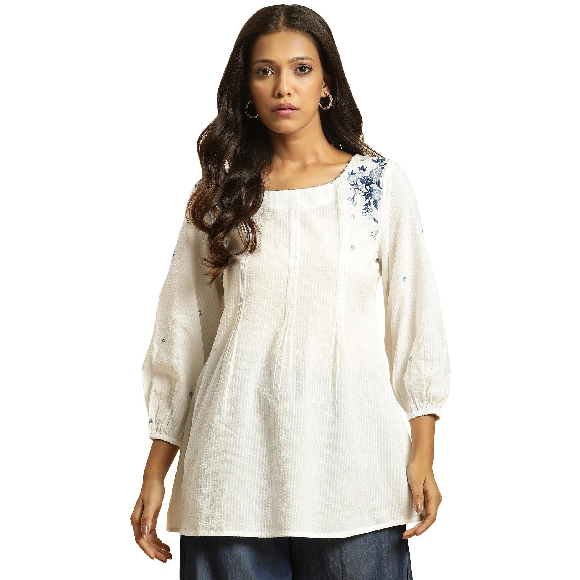 W For Woman W For Womanhite Embroidered Cotton Tunic Top with Beads
