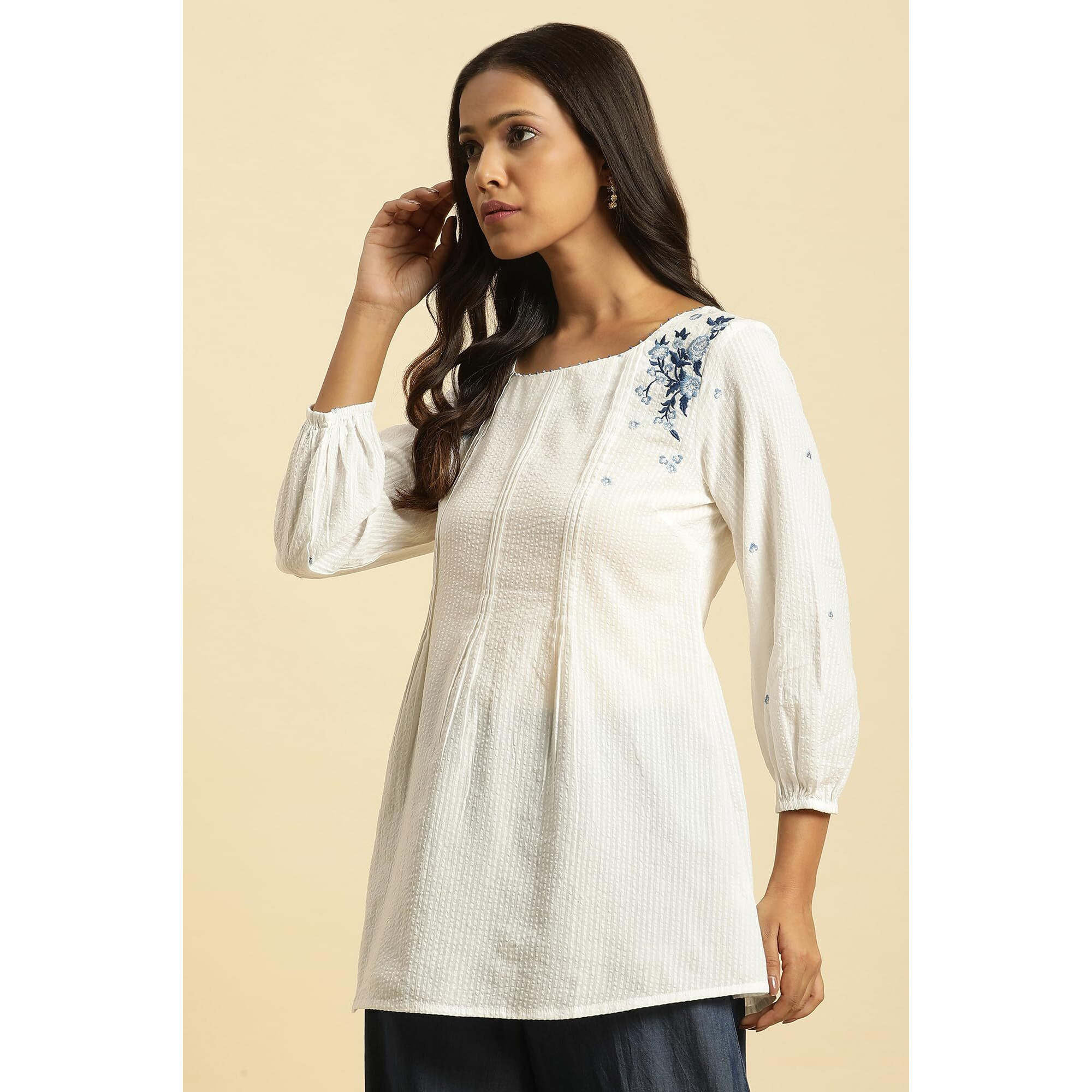 W For Woman W For Womanhite Embroidered Cotton Tunic Top with Beads