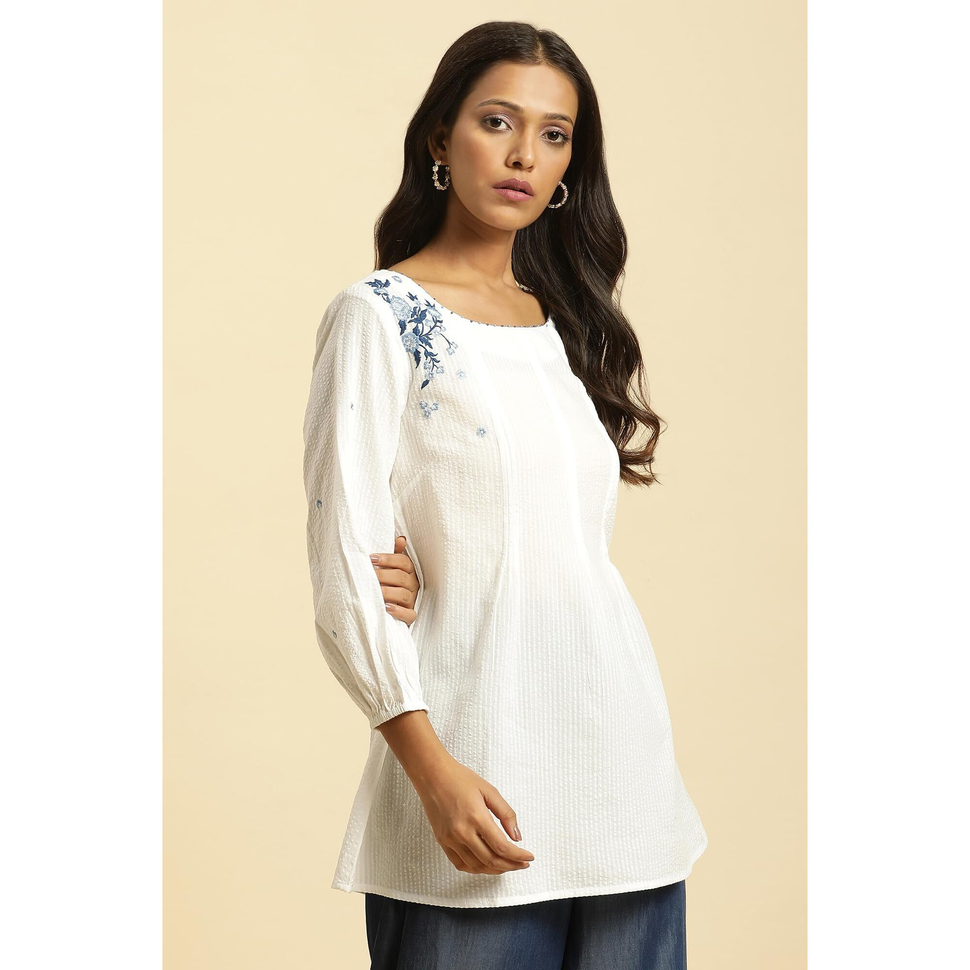 W For Woman W For Womanhite Embroidered Cotton Tunic Top with Beads