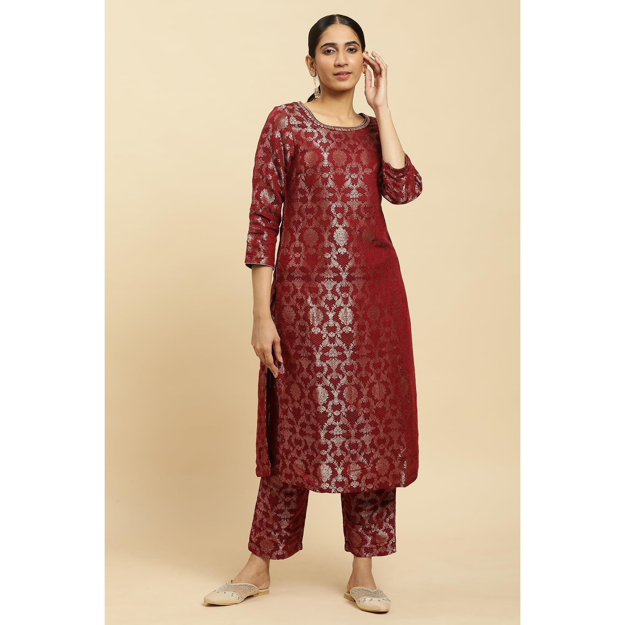 W Women's Red Floral Printed Rayon Kurta and Pant Set with Metallic Embroidery
