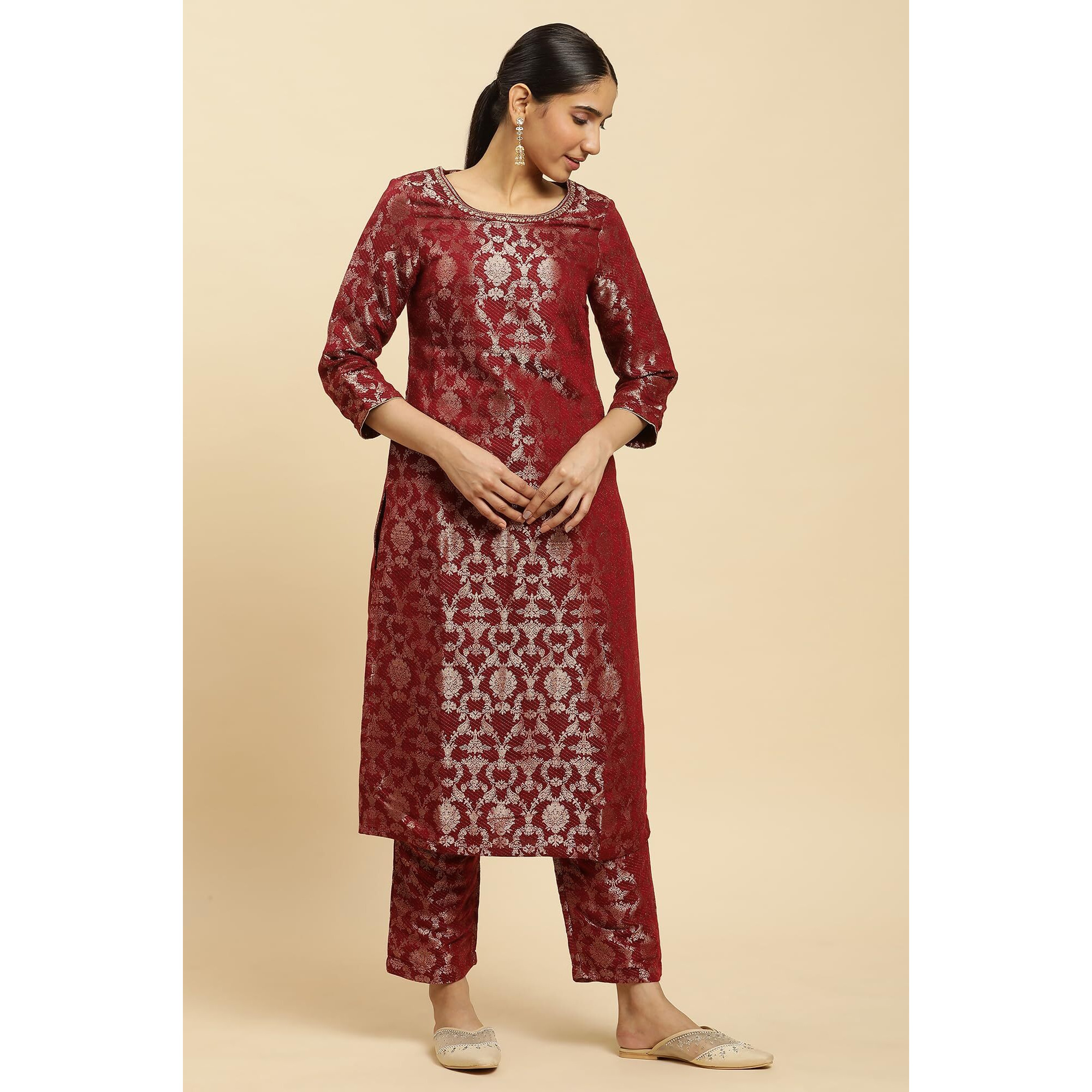 W Women's Red Floral Printed Rayon Kurta and Pant Set with Metallic Embroidery