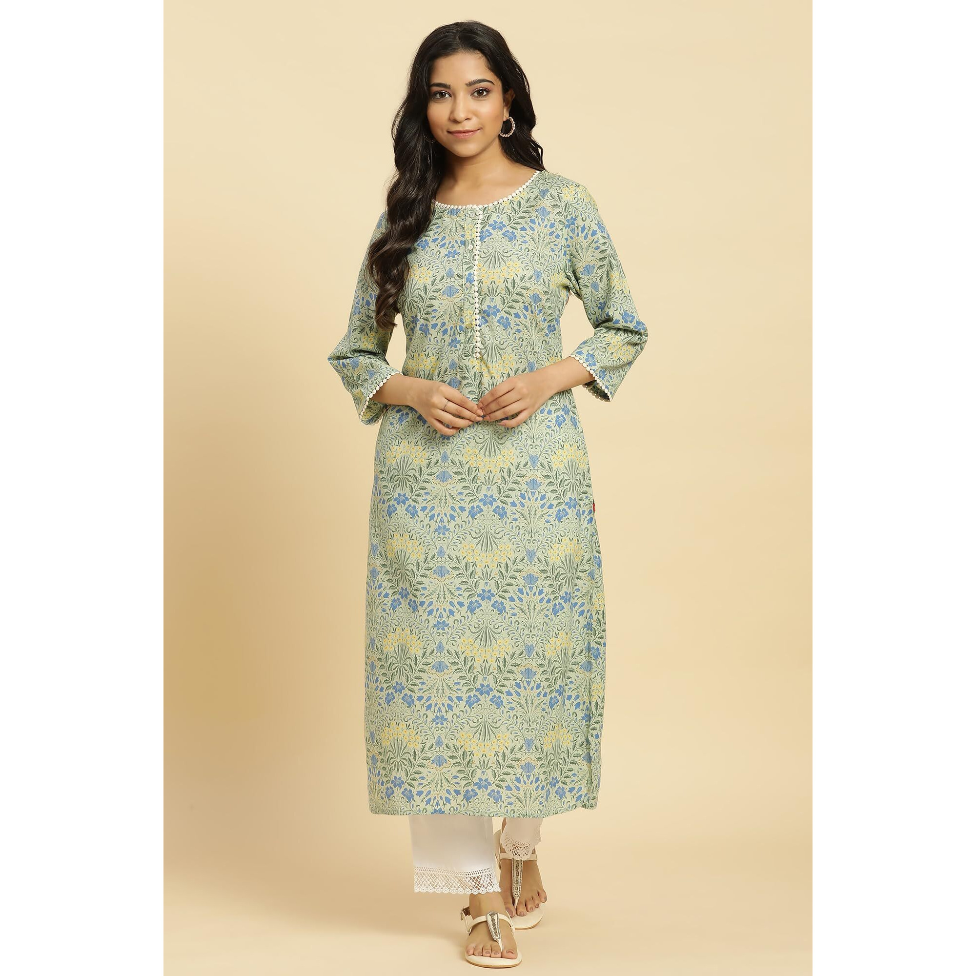 W for Woman Women's Cotton Floral Regular Kurta (24FEW10768-123511_Light Green