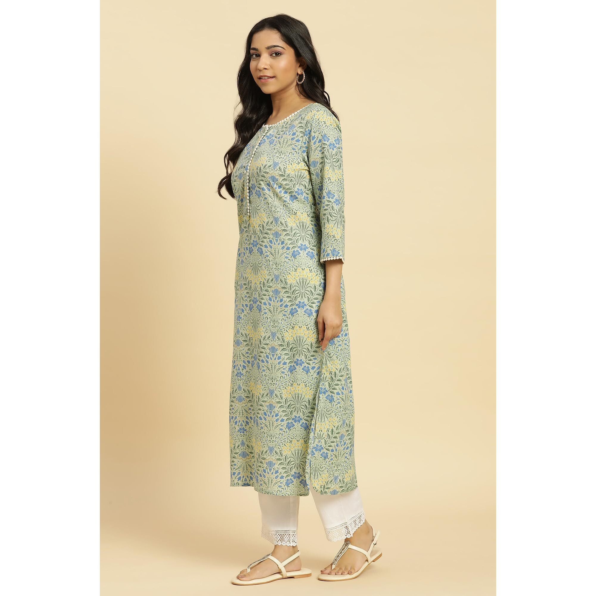 W for Woman Women's Cotton Floral Regular Kurta (24FEW10768-123511_Light Green