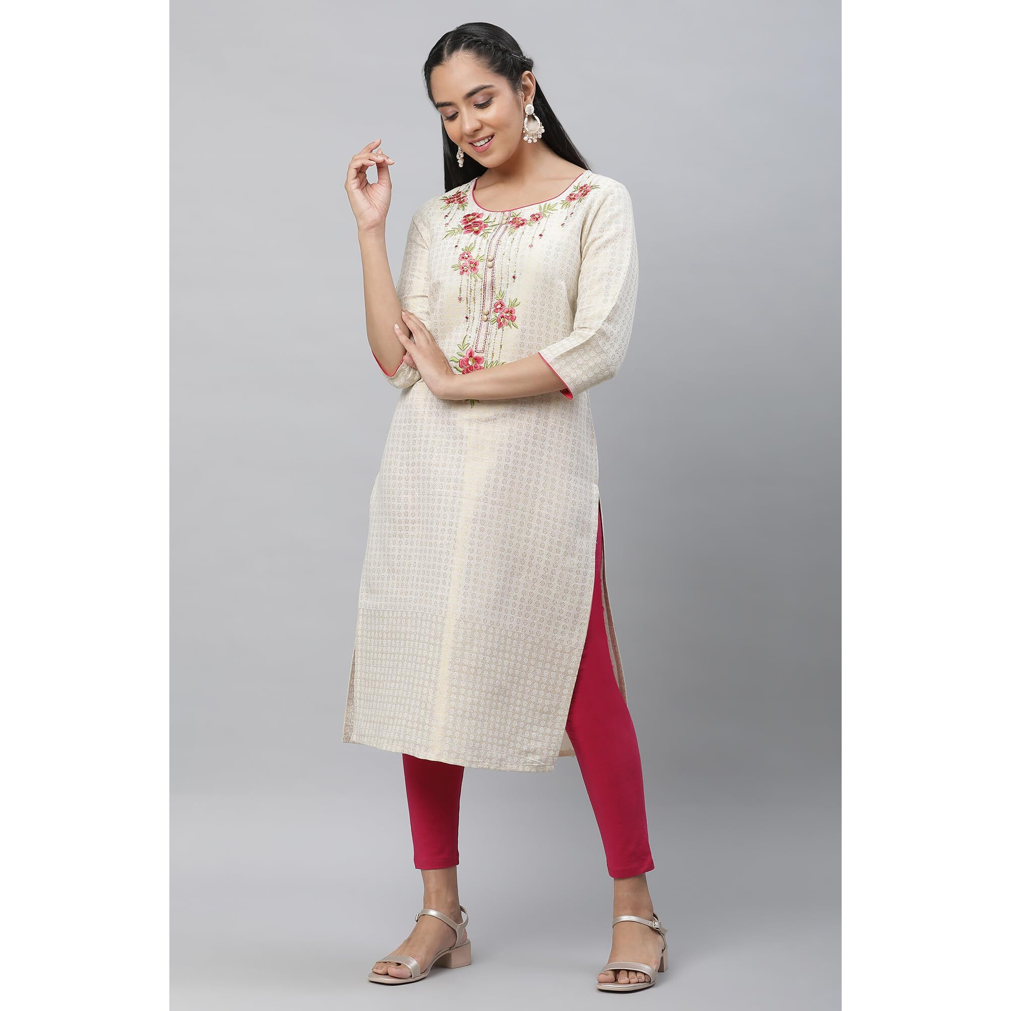 Aurelia Women's Cotton Blend Regular Kurta (24FEA14203-703930_Off White