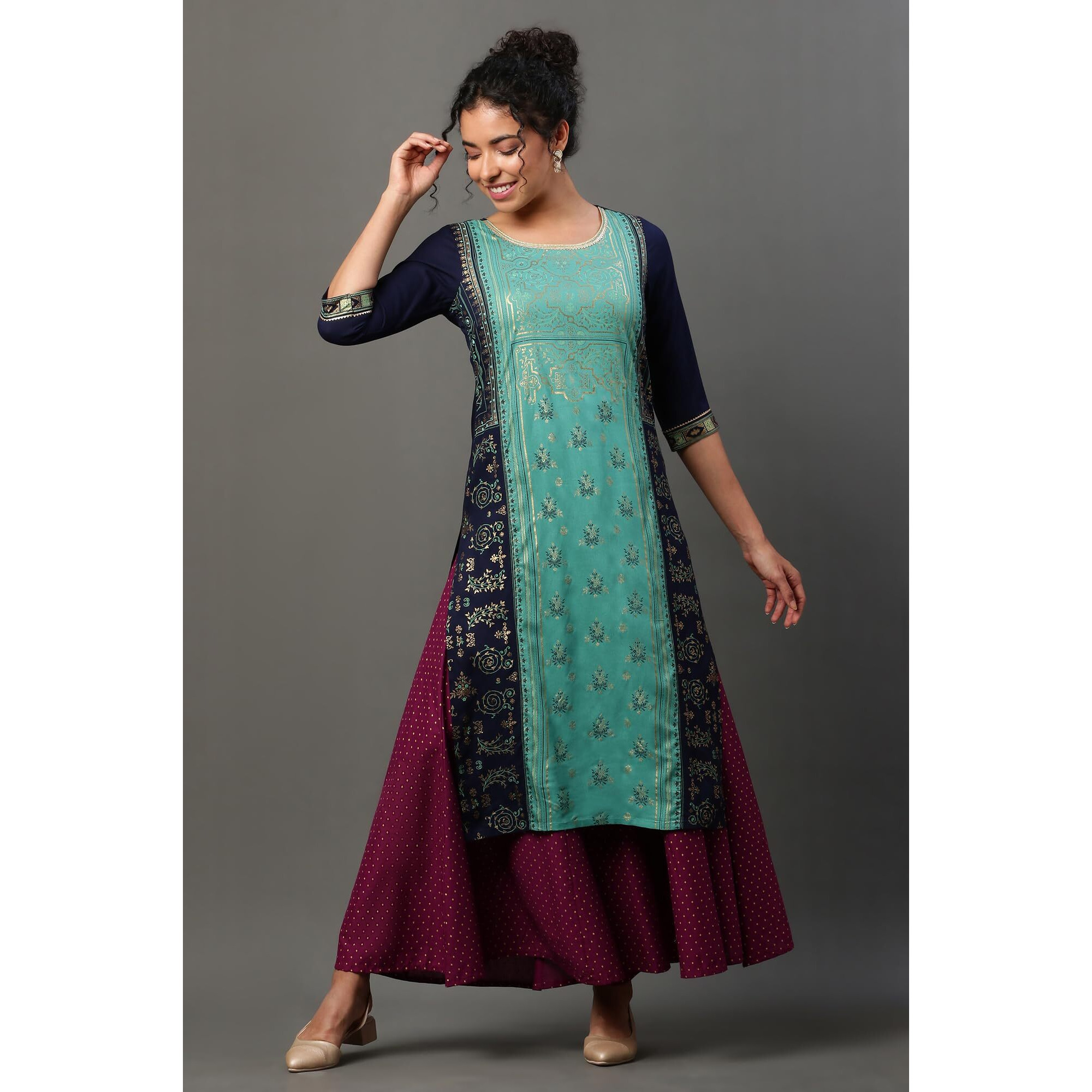 Aurelia Women's Viscose Regular Kurta (24FEA14530-507307_Navy Blazer