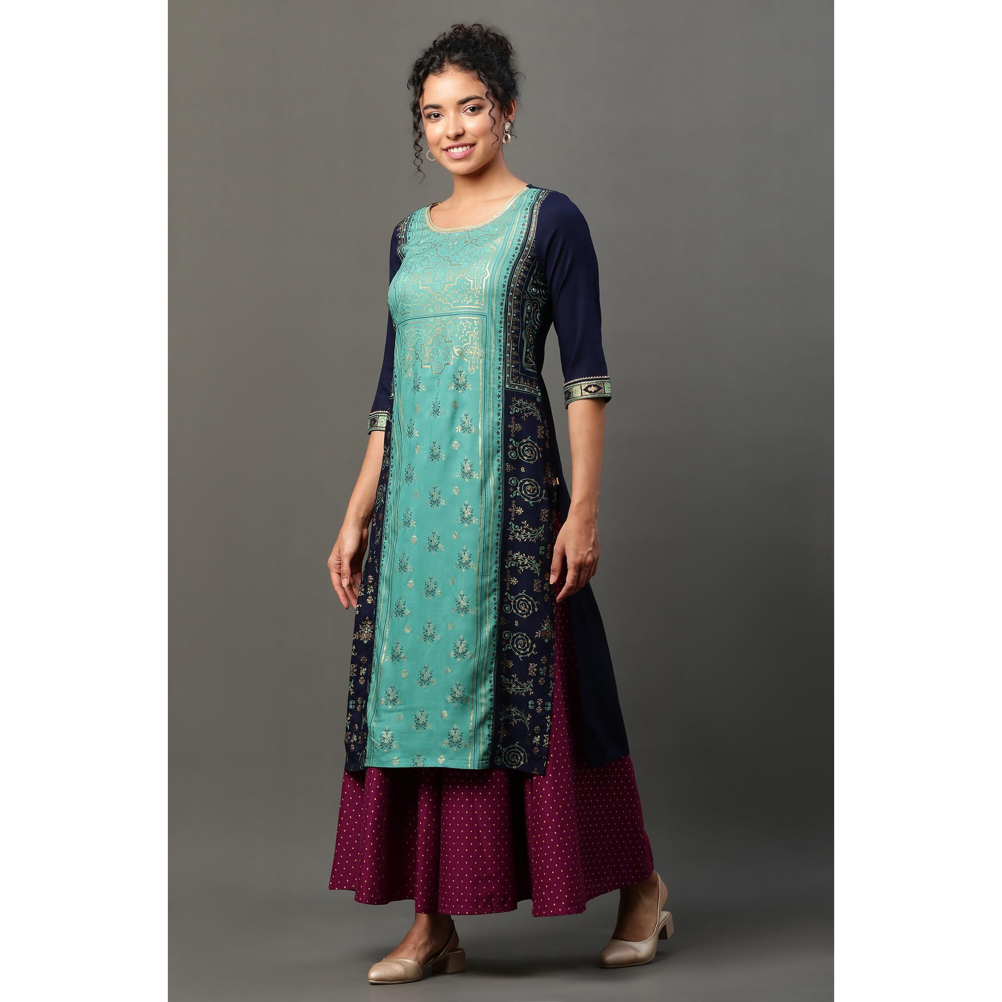 Aurelia Women's Viscose Regular Kurta (24FEA14530-507307_Navy Blazer