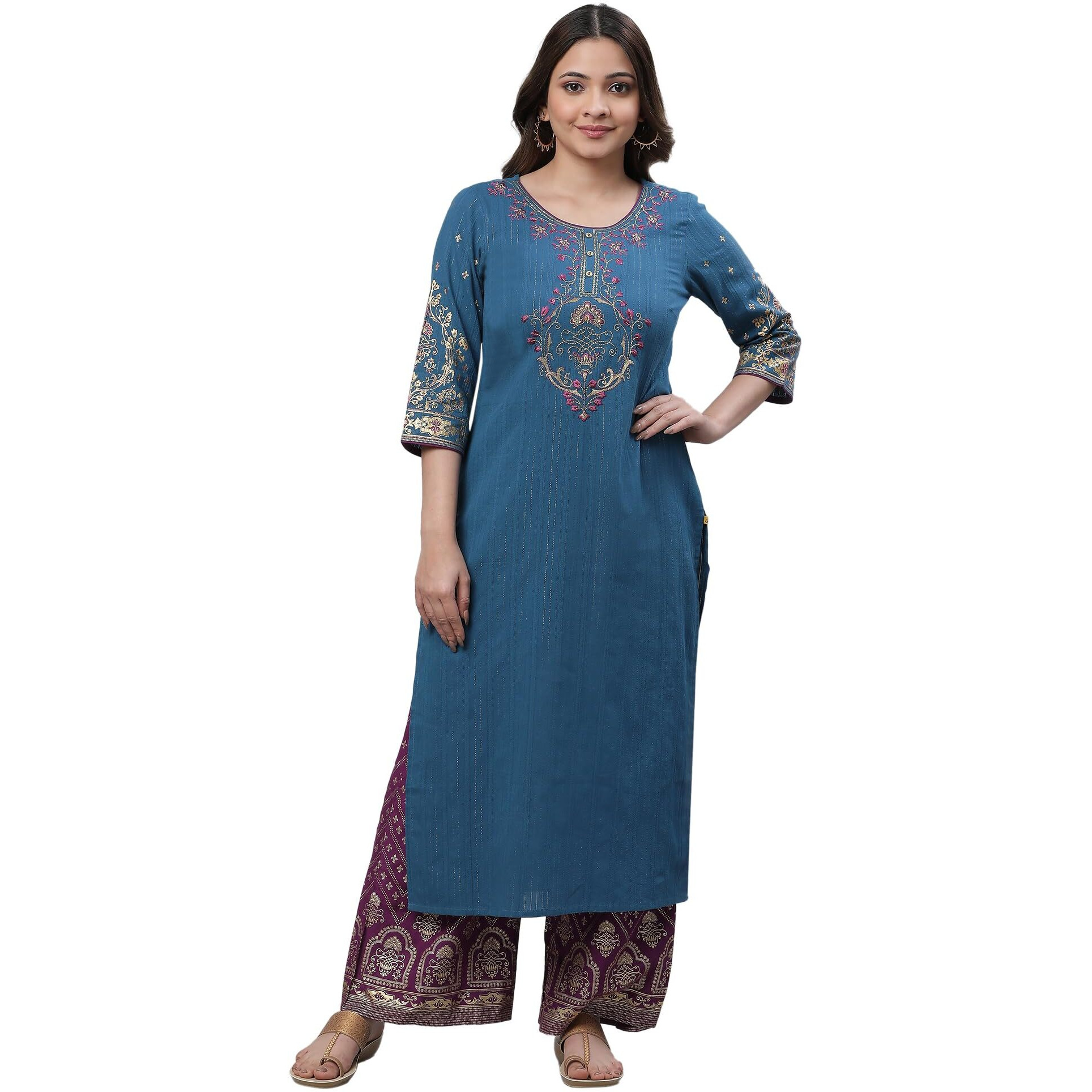Aurelia Women's Cotton Regular Kurta (24FEA14536-606020_Ink Blue