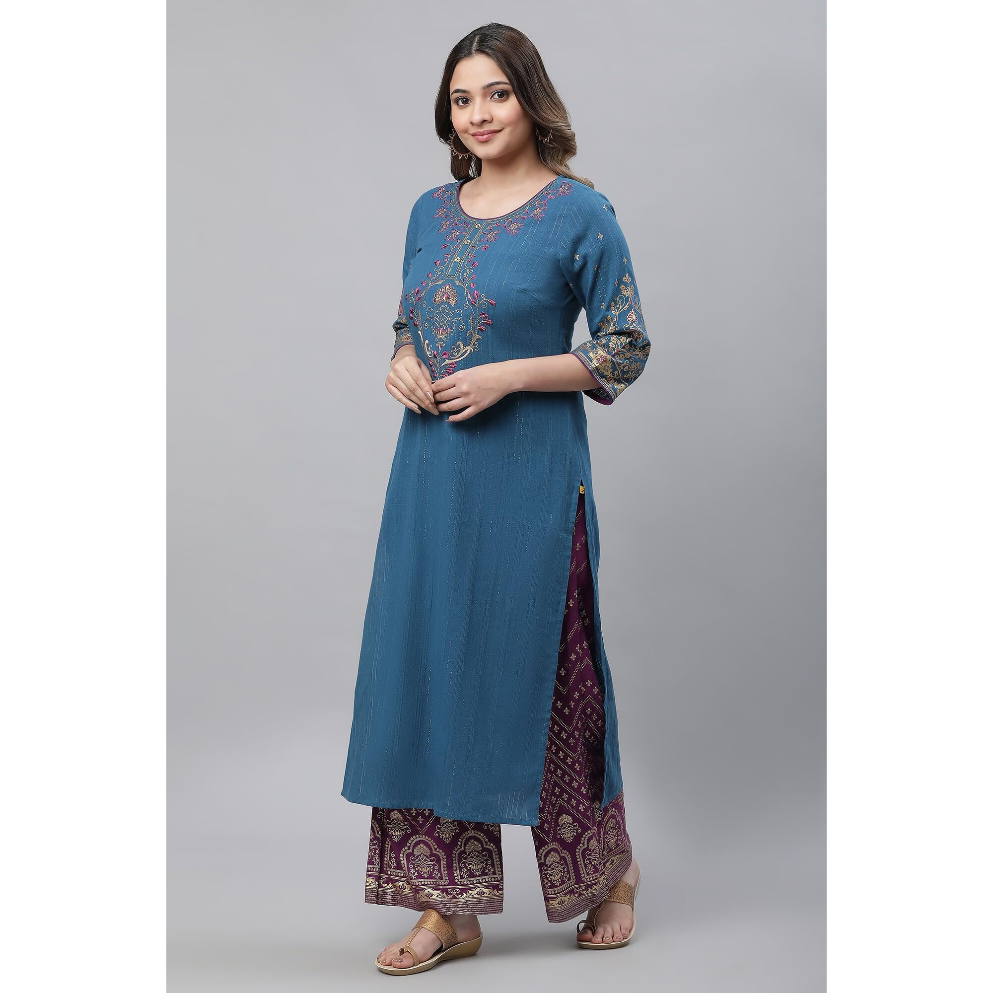 Aurelia Women's Cotton Regular Kurta (24FEA14536-606020_Ink Blue