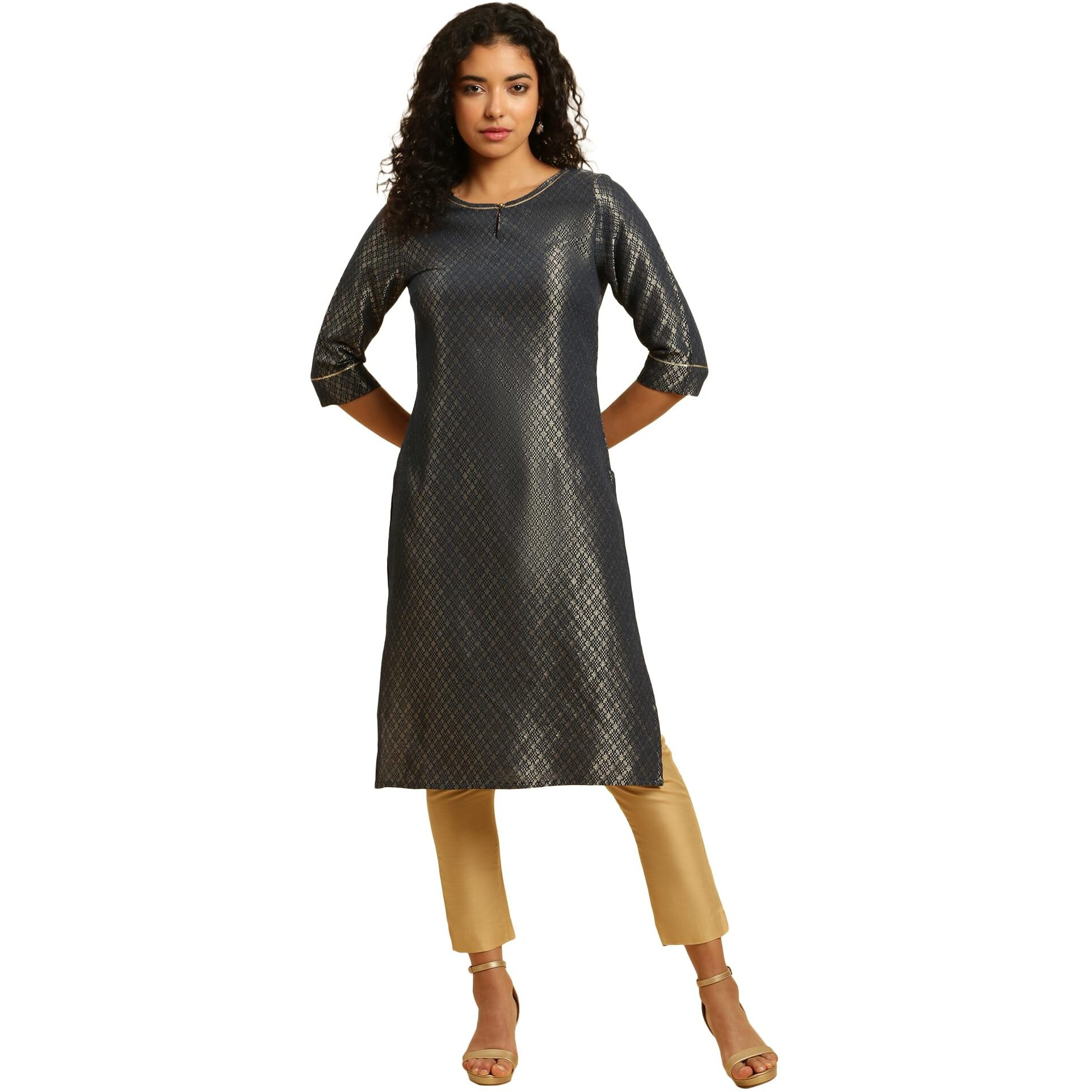 W for Woman Women's Viscose Geometric Regular Kurta (23AUSTW10700-313366_Grey