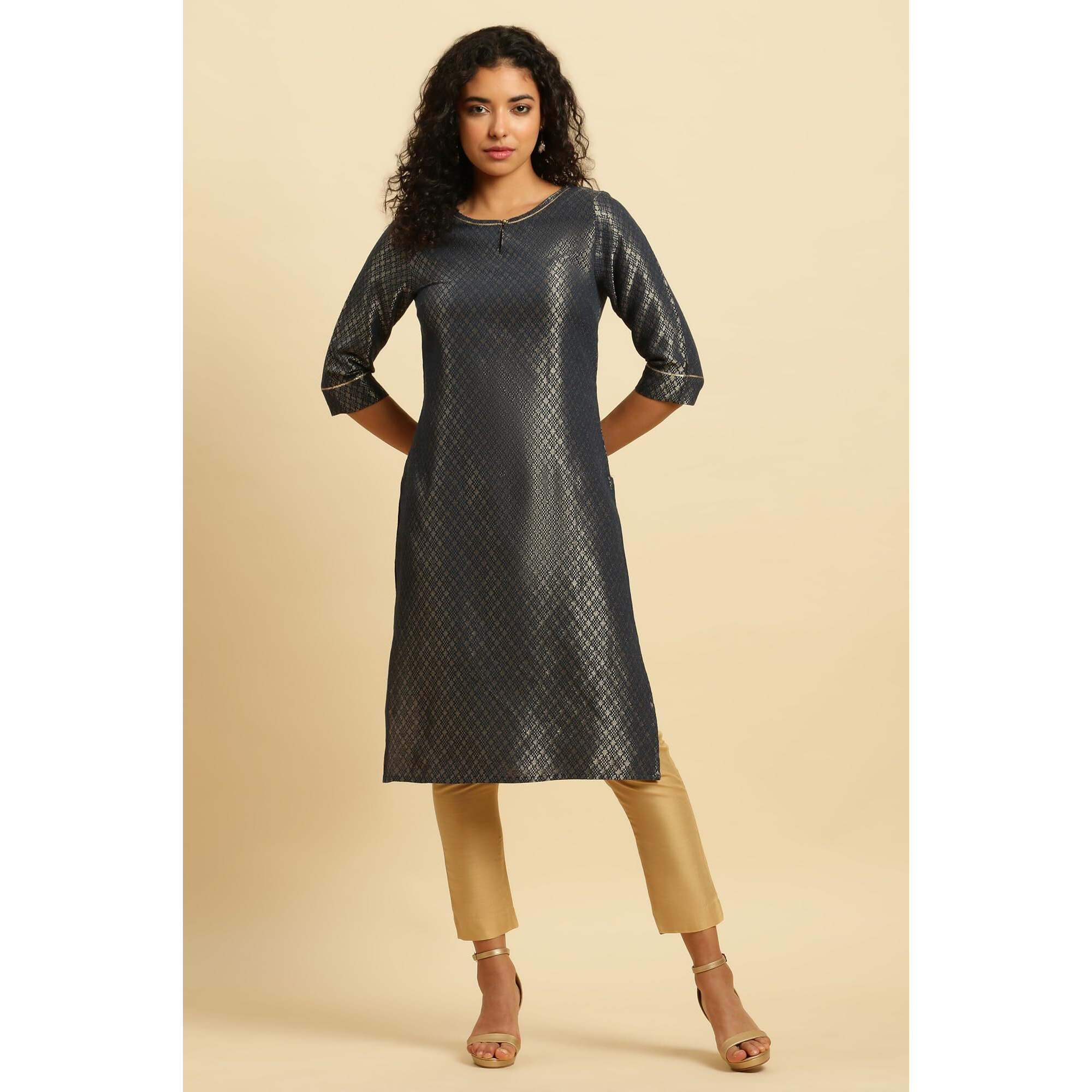 W for Woman Women's Viscose Geometric Regular Kurta (23AUSTW10700-313366_Grey