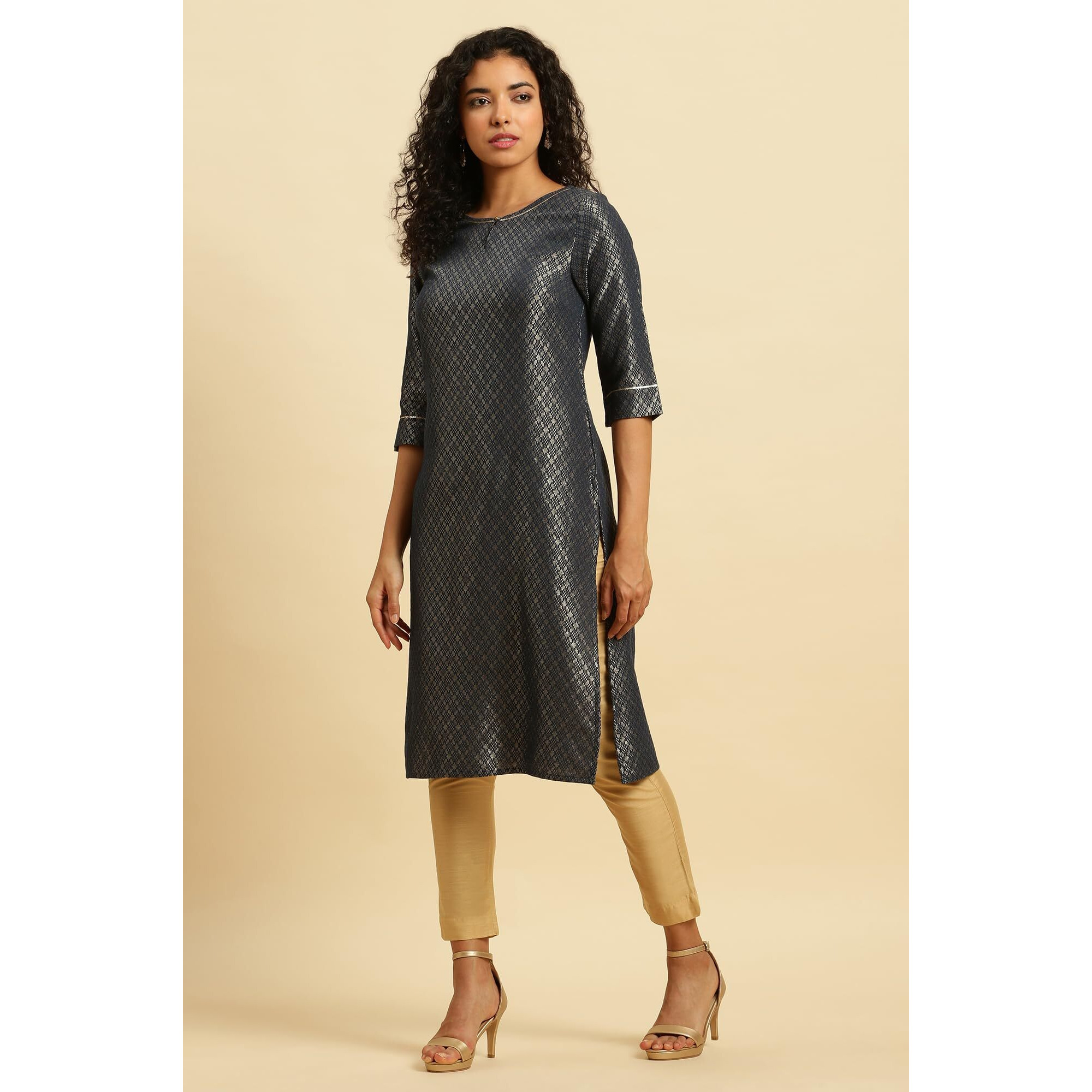 W for Woman Women's Viscose Geometric Regular Kurta (23AUSTW10700-313366_Grey