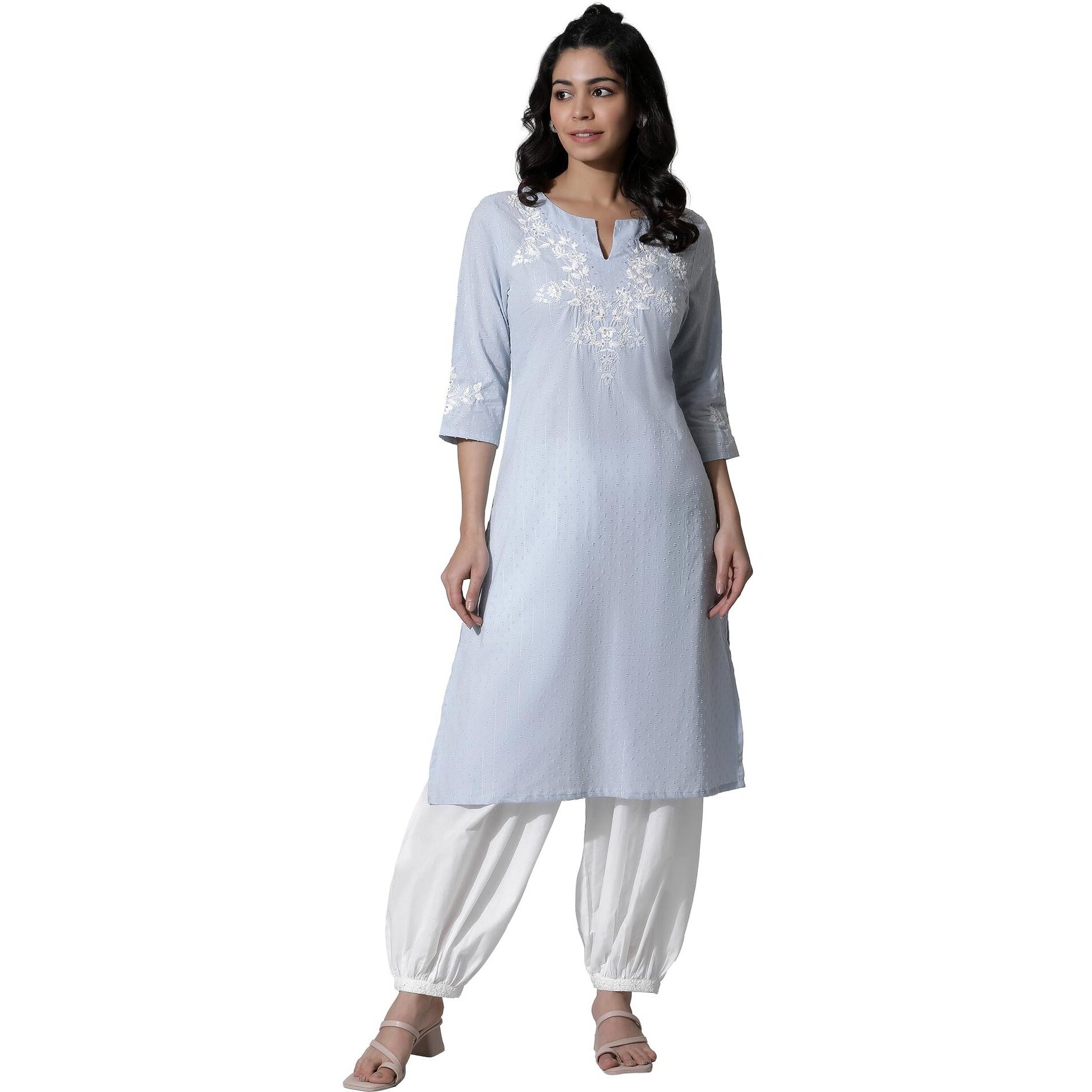 W for Woman Blue Festive Solid Cotton A-Line Kurta_24FEW10508-221412_2XL