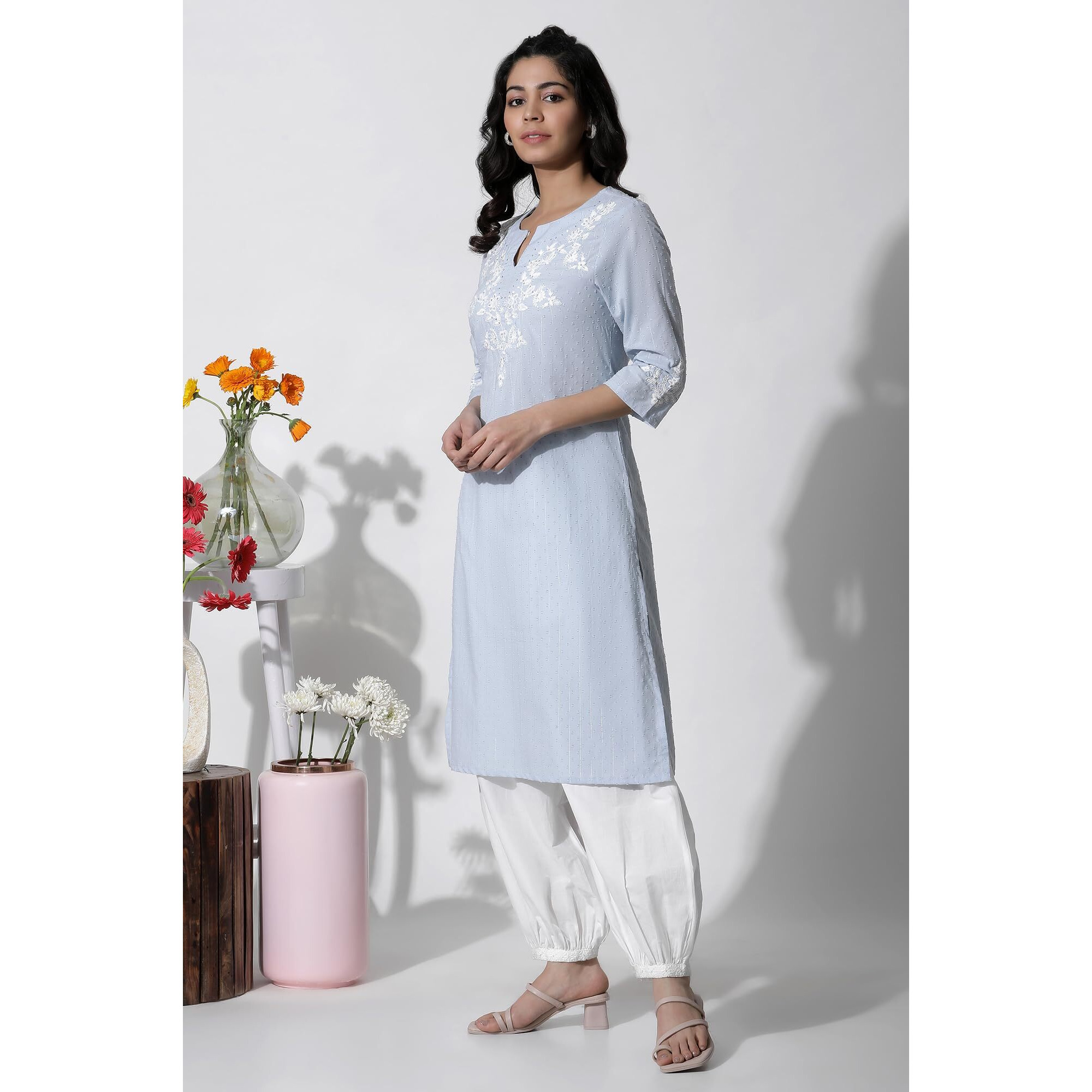 W for Woman Blue Festive Solid Cotton A-Line Kurta_24FEW10508-221412_2XL