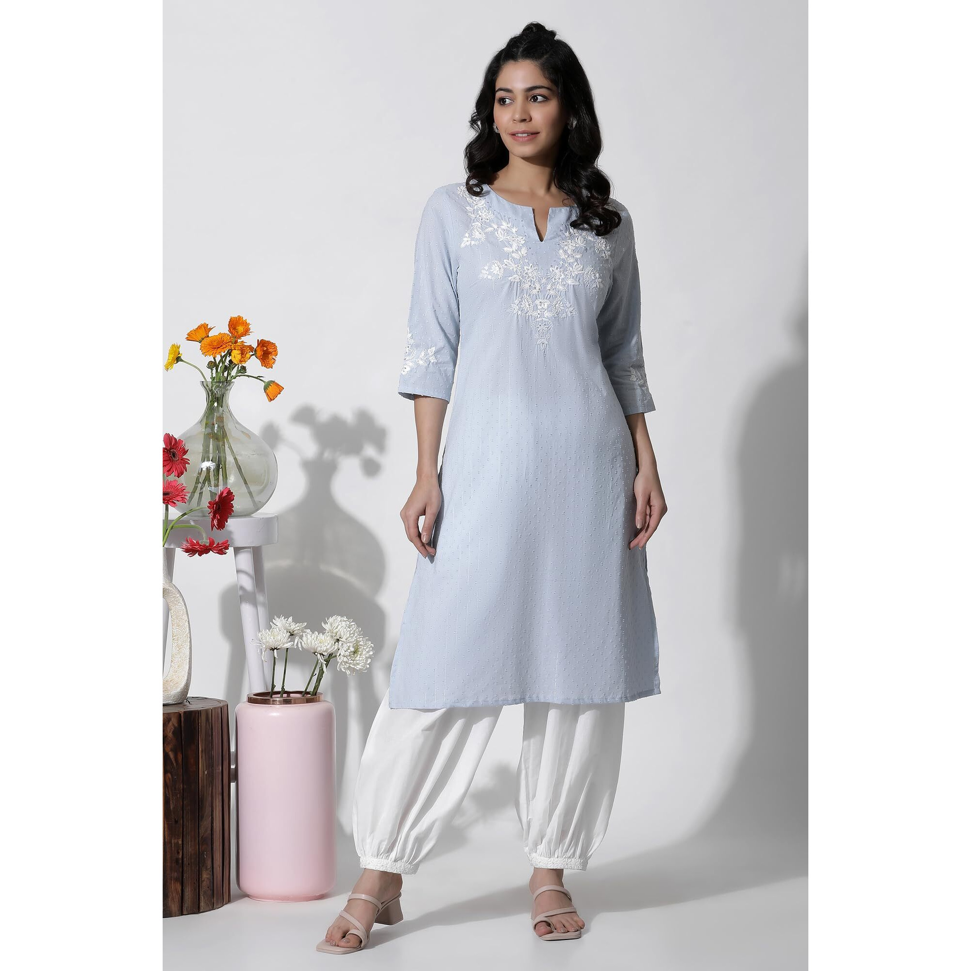W for Woman Blue Festive Solid Cotton A-Line Kurta_24FEW10508-221412_3XL