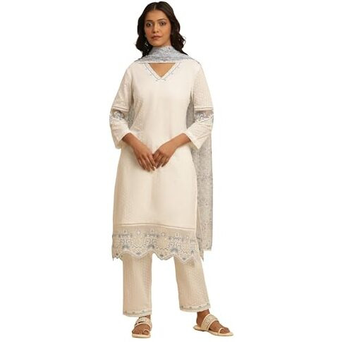 W Women White Solid Cotton Co-Ord Kurta Set, Straight Pant & Dupatta_24FEWS10512-221213_2XL