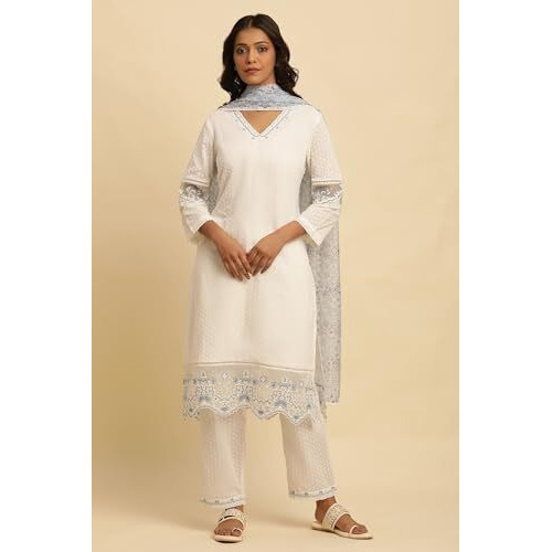W Women White Solid Cotton Co-Ord Kurta Set, Straight Pant & Dupatta_24FEWS10512-221213_2XL