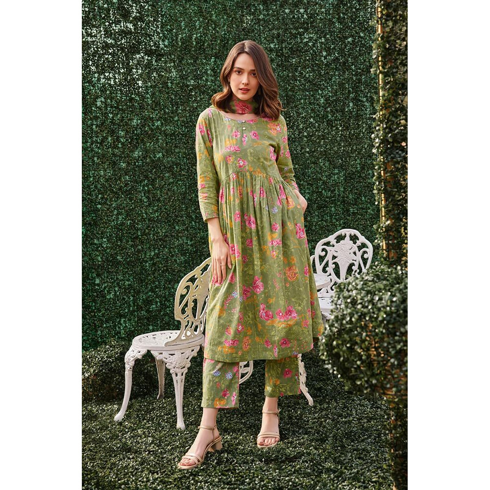 W for Woman W Women Green Floral Print Cotton Kurta, Straight Pant & Dupatta_24FEWS10584-123209_S