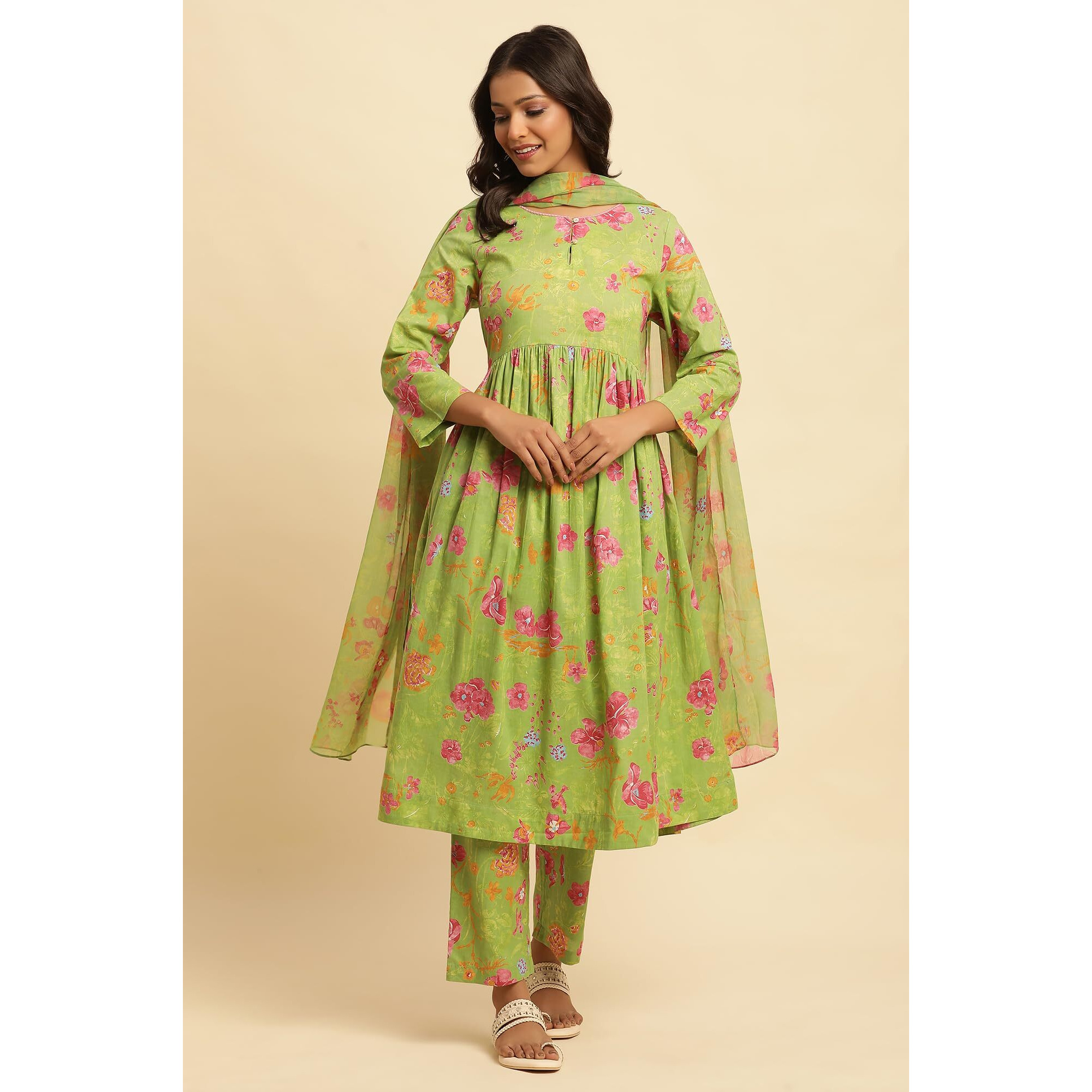W for Woman W Women Green Floral Print Cotton Kurta, Straight Pant & Dupatta_24FEWS10584-123209_S