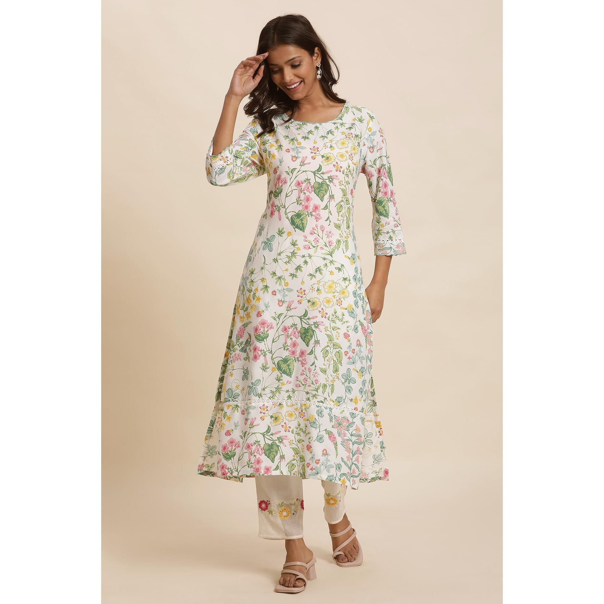 W Women White Floral Print Viscose A-Line Kurta_24FEW10592-121987_S