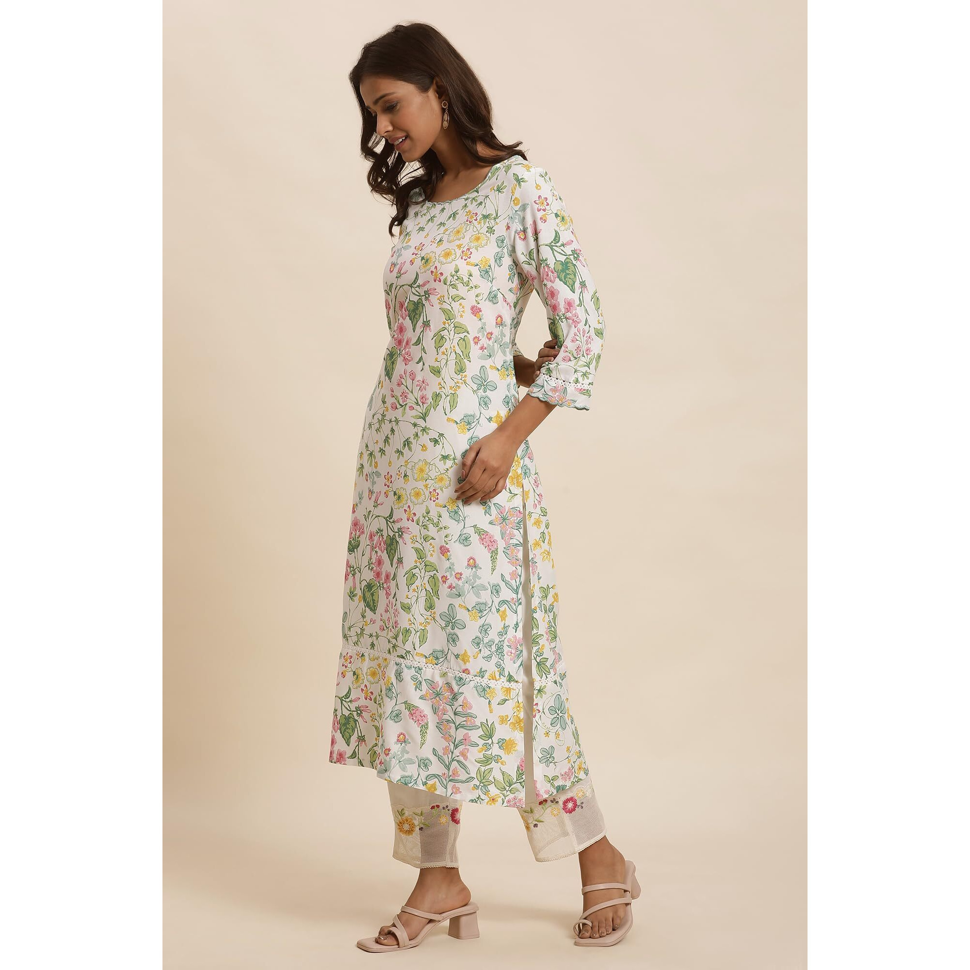 W Women White Floral Print Viscose A-Line Kurta_24FEW10592-121987_S