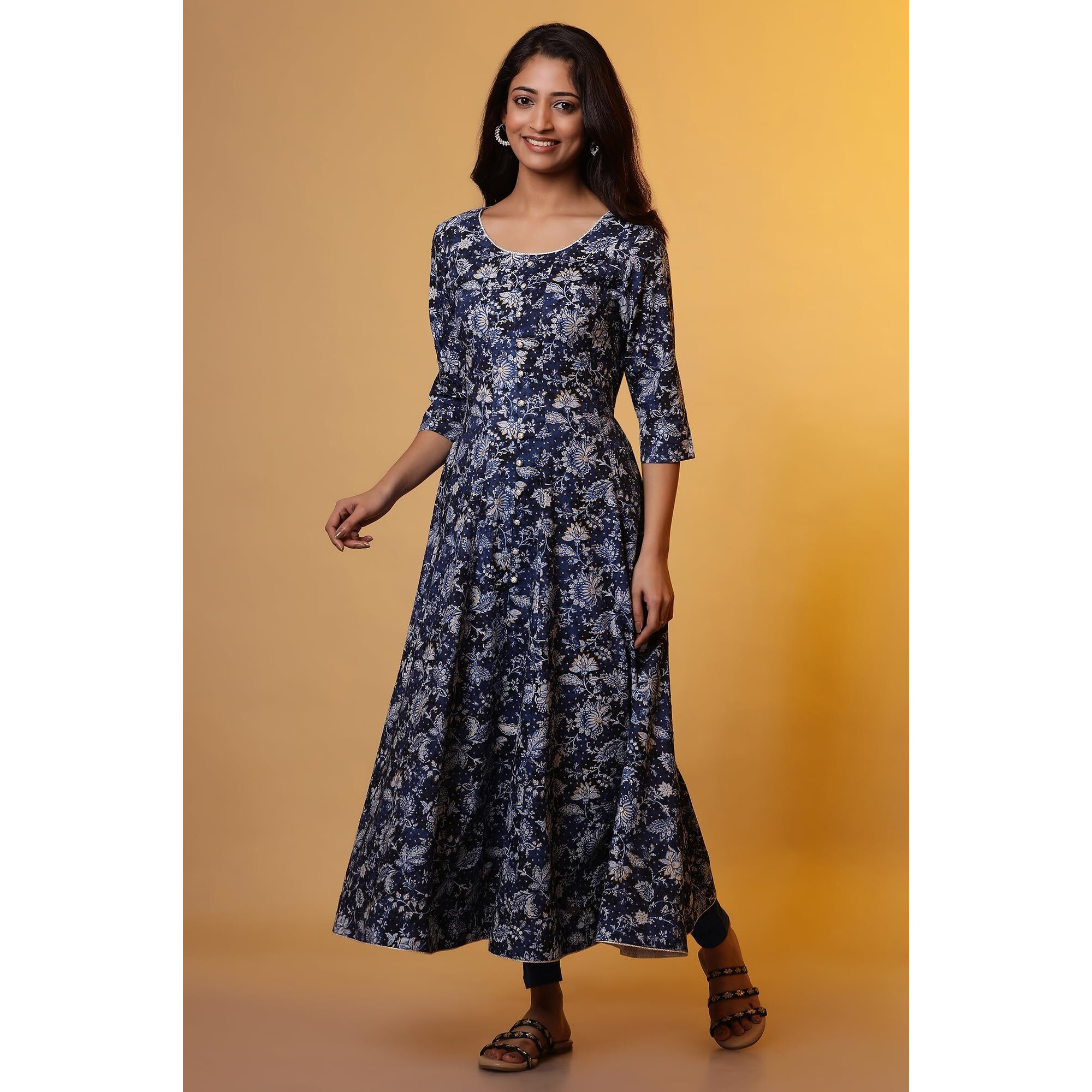 Aurelia Women's Rayon Anarkali Calf Length Kurta (24FEA14855_Blue