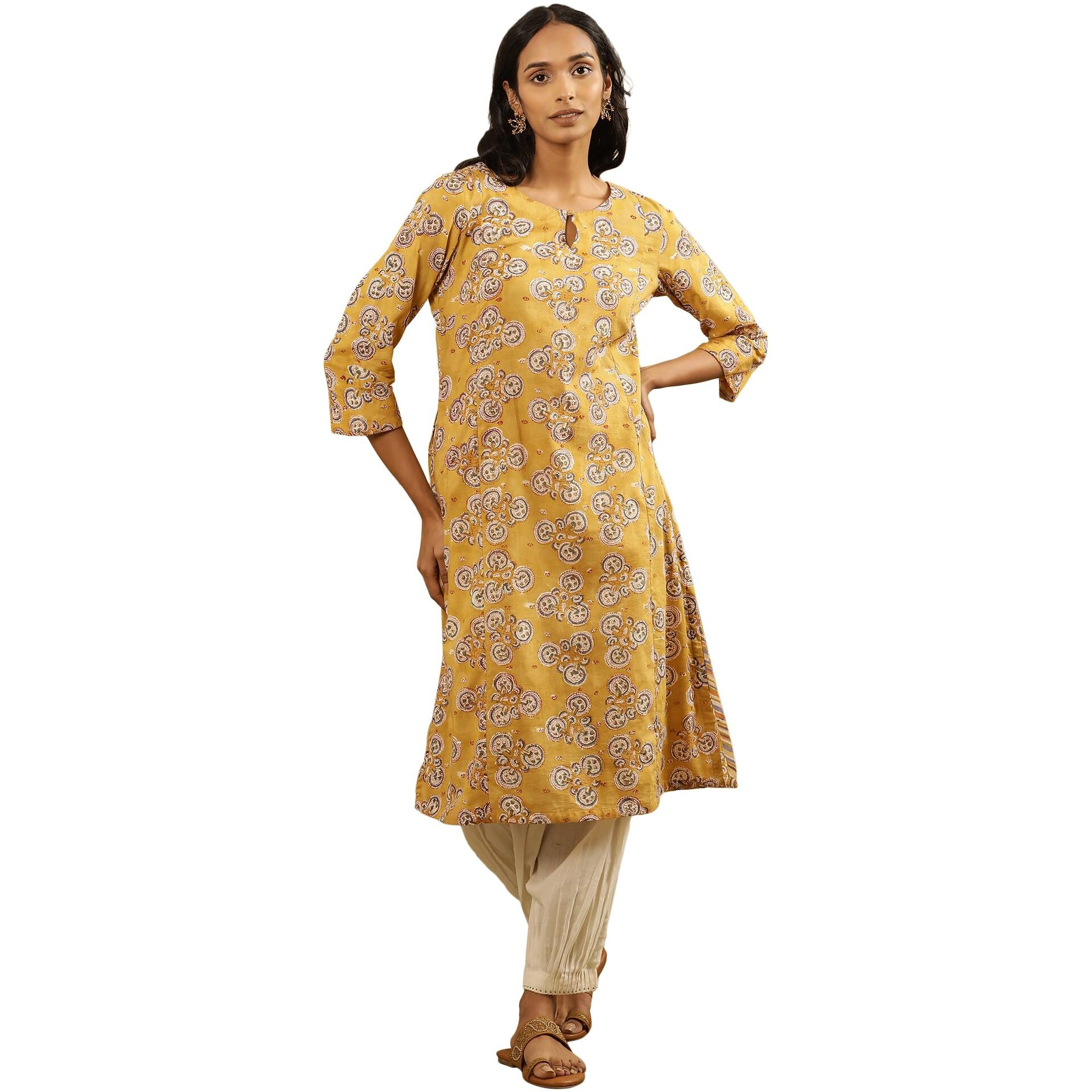 W for Woman Folksong by W Women Yellow Printed Cotton Straight Kurta_24MAF11842-911191_XS