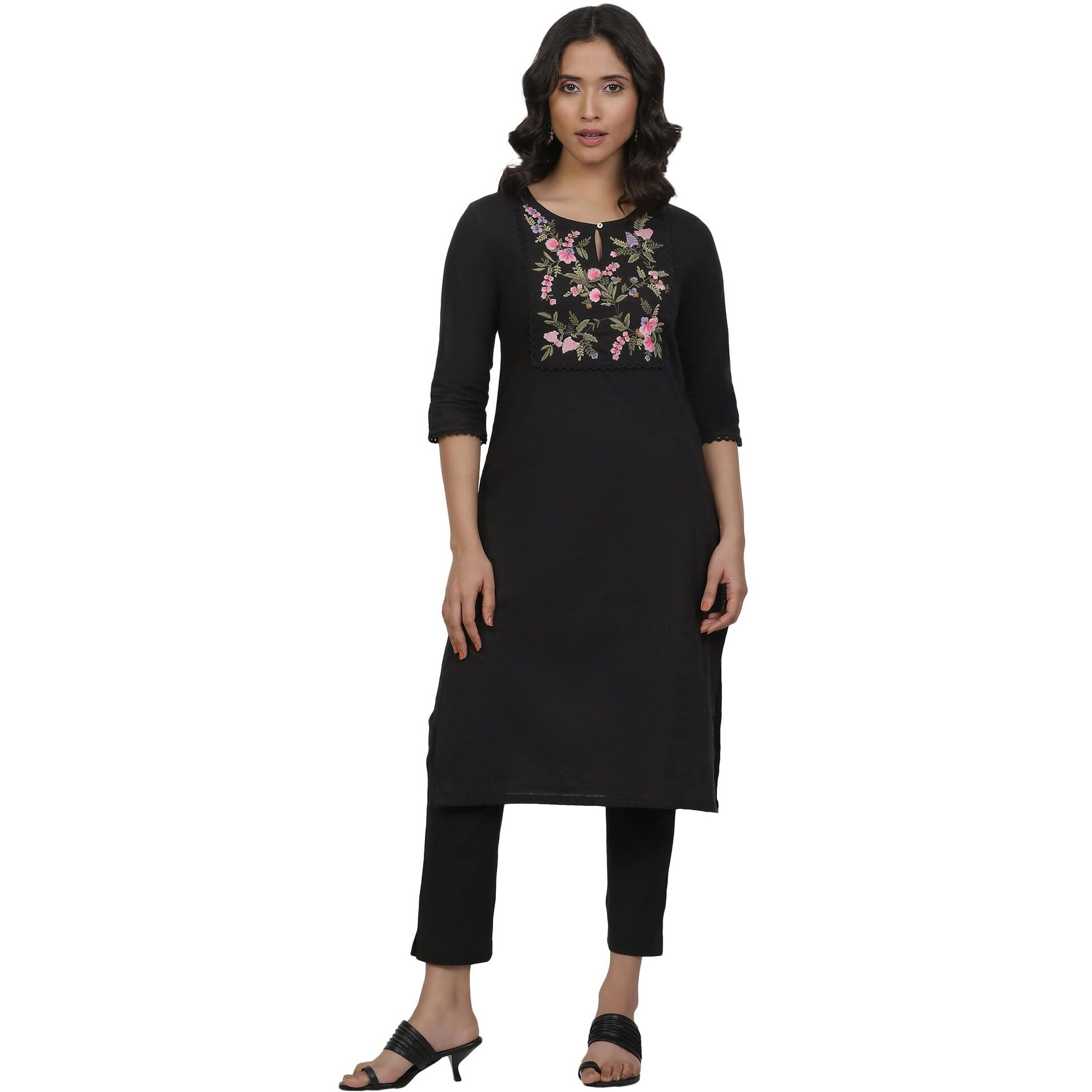 W for Woman Black Floral Print Cotton Straight Kurta_24FEW11270-222056_S