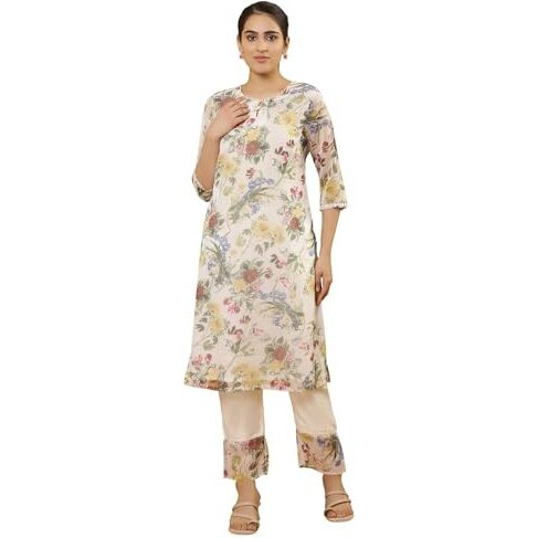 W for Woman White Floral Print Organza A-Line Kurta_24FEW11262-123713_2XL
