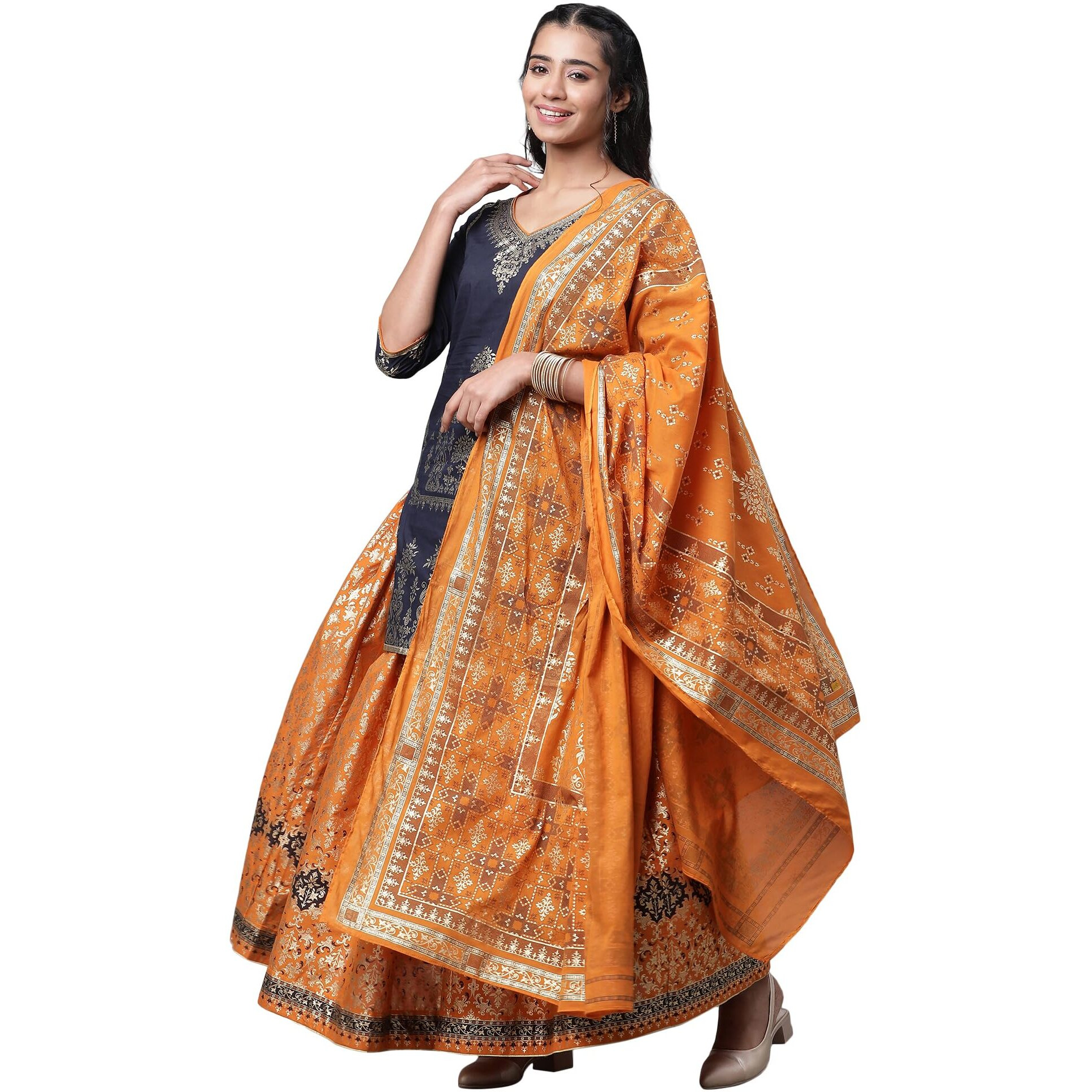 Aurelia Blue Festive Short Kurta, Orange Crinkle Skirt and Dupatta (Size M)-24AUAS14547-507310