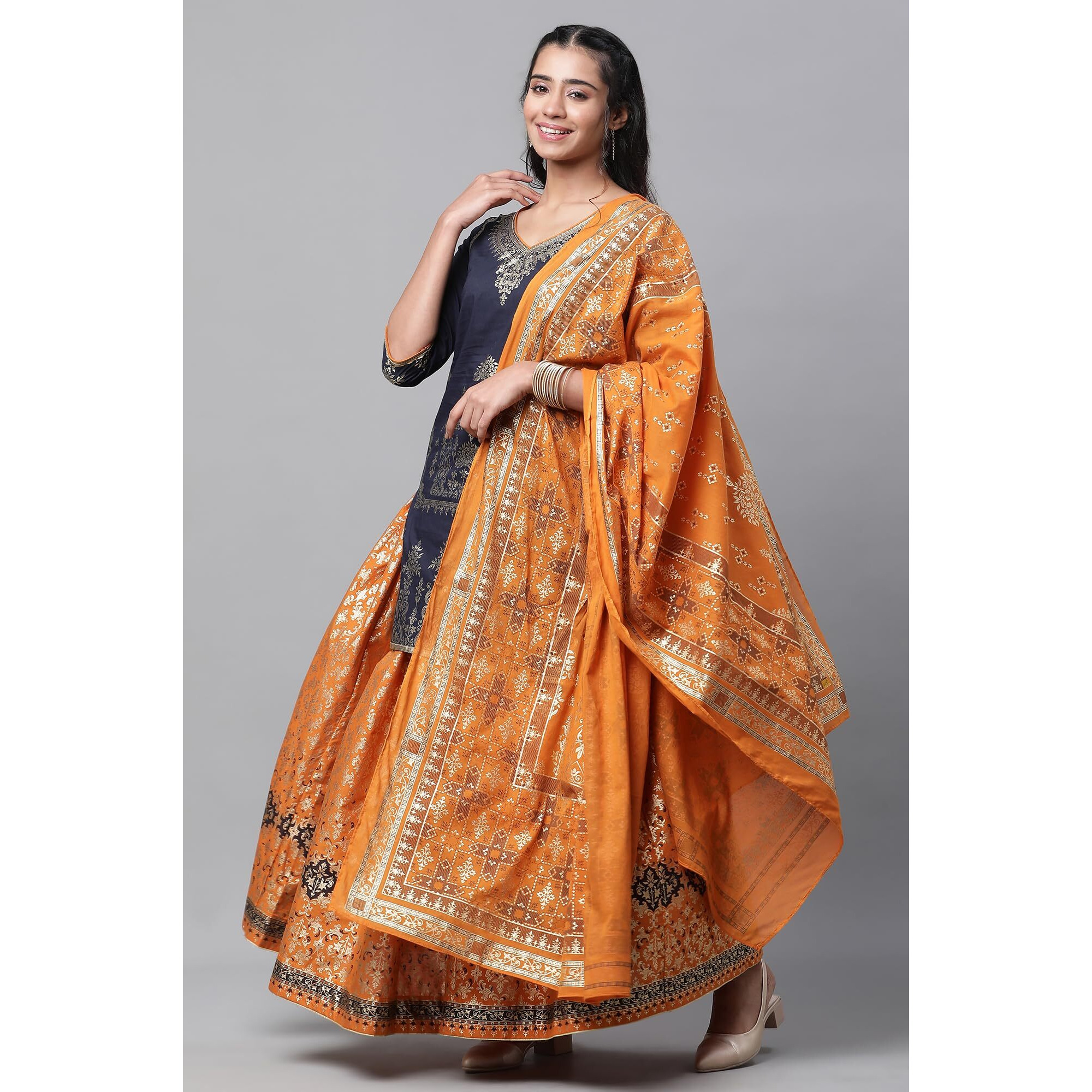 Aurelia Blue Festive Short Kurta, Orange Crinkle Skirt and Dupatta (Size M)-24AUAS14547-507310