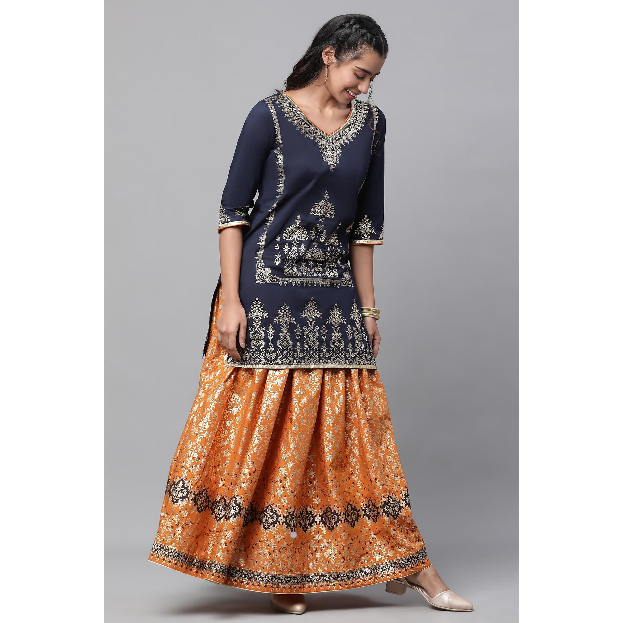 Aurelia Blue Festive Short Kurta, Orange Crinkle Skirt and Dupatta (Size M)-24AUAS14547-507310