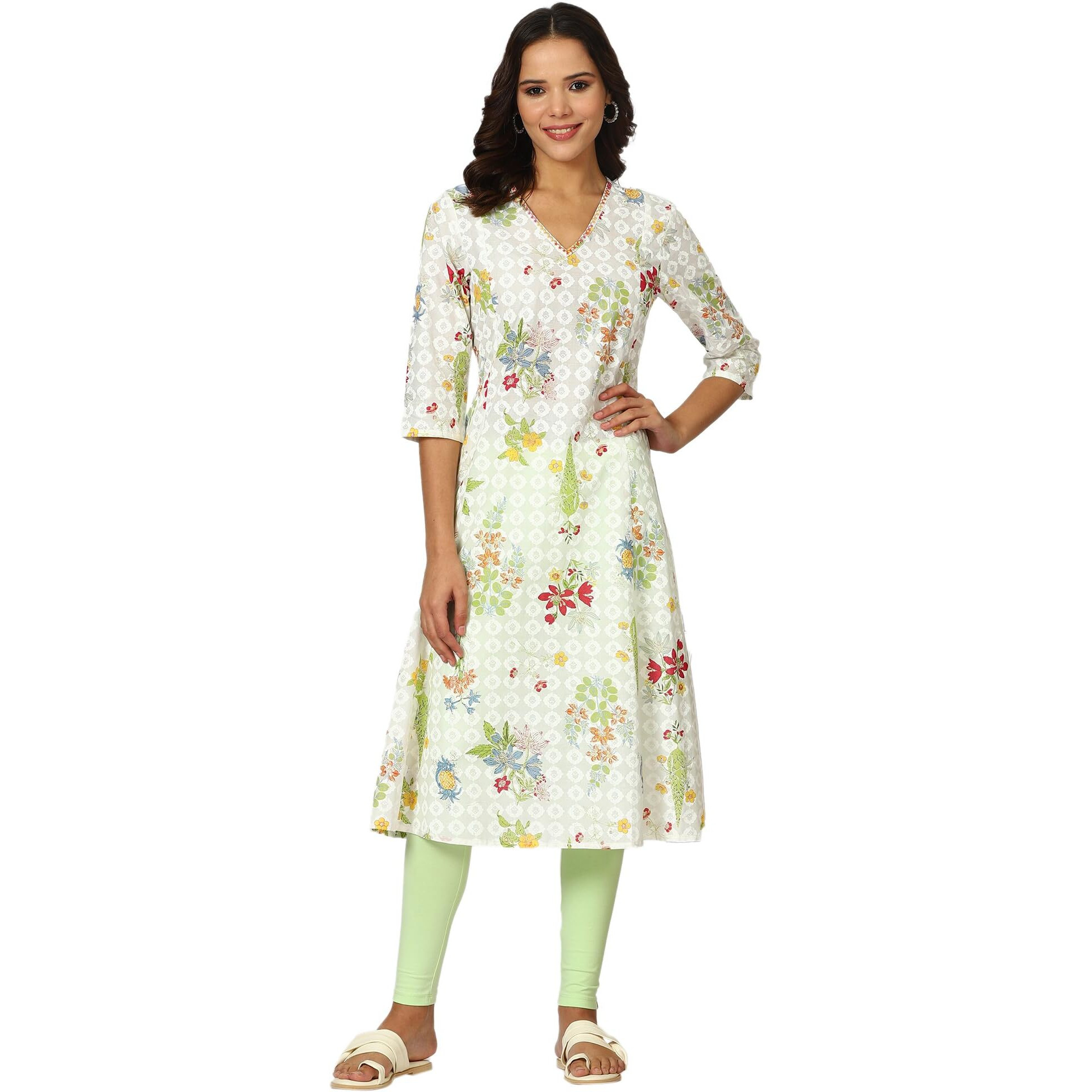 White Floral Printed Panelled Kurta with Embroidered Neck (Size XXL)-24AUW12220-123378