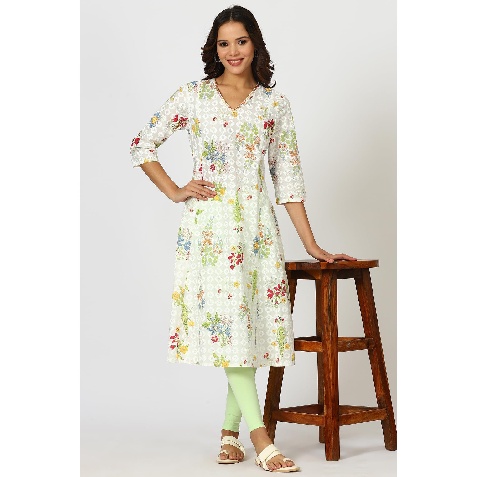 White Floral Printed Panelled Kurta with Embroidered Neck (Size XXL)-24AUW12220-123378