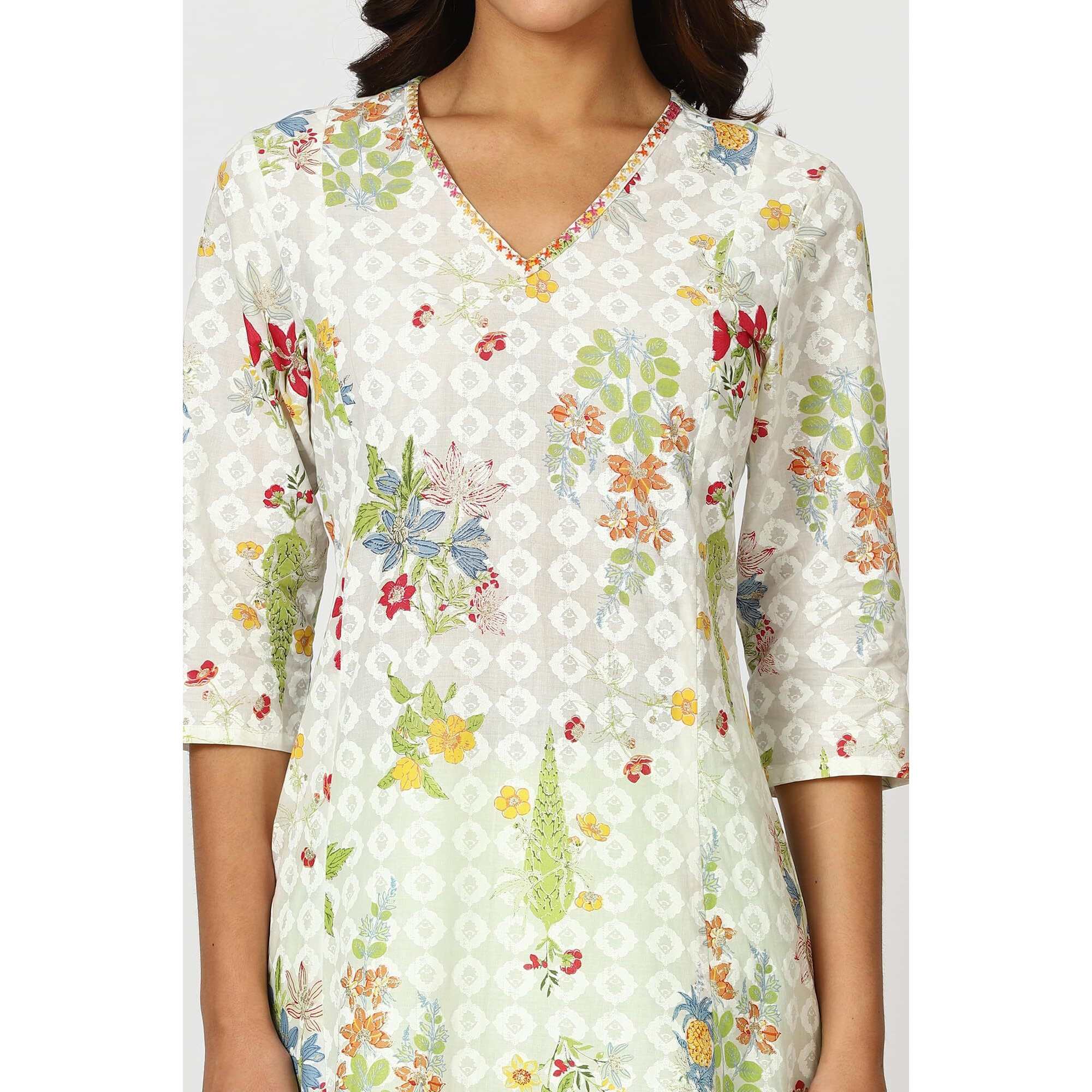 White Floral Printed Panelled Kurta with Embroidered Neck (Size XXL)-24AUW12220-123378