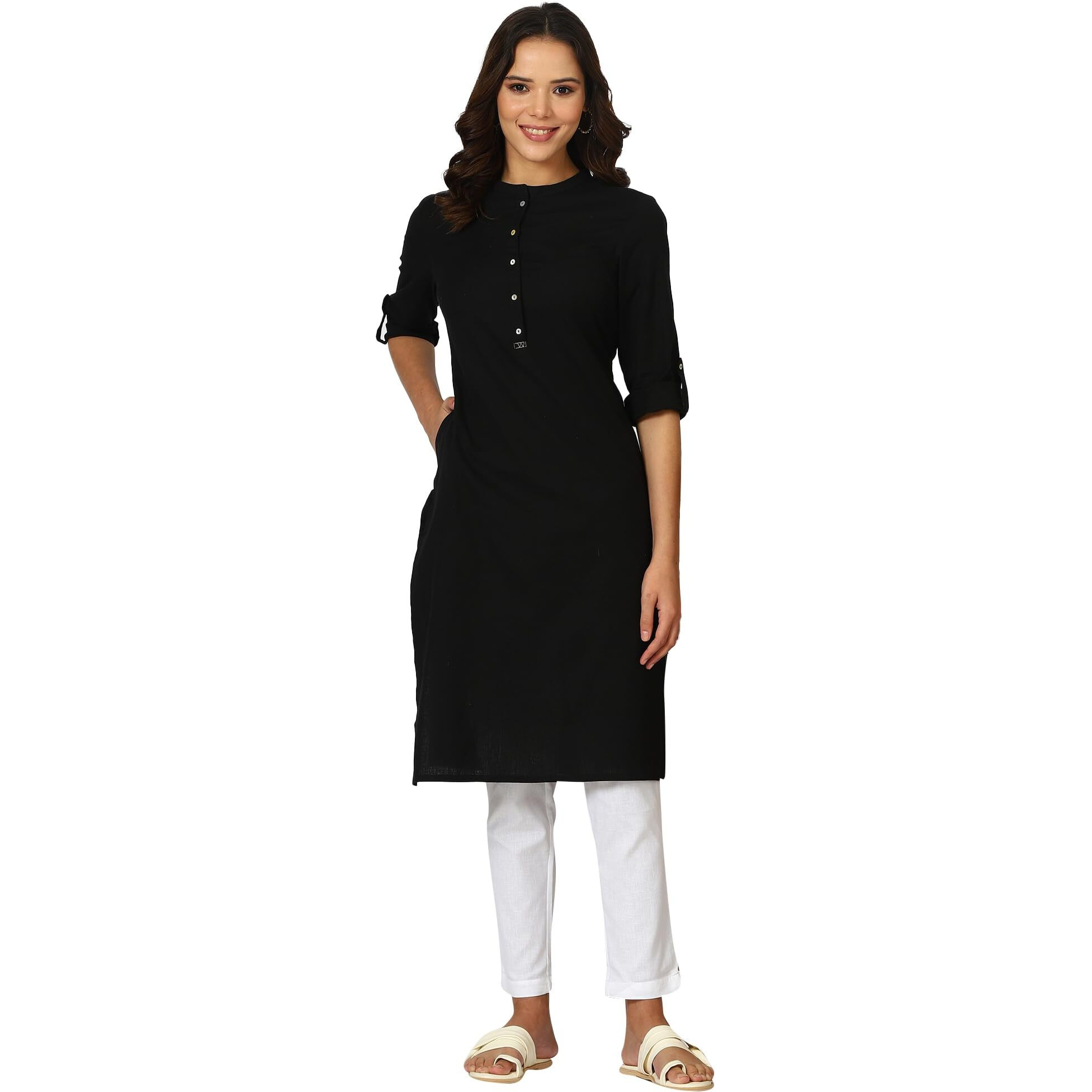 W for Woman Black Solid Cotton Blend Straight Kurta (Size M)-24ONW12285-222983