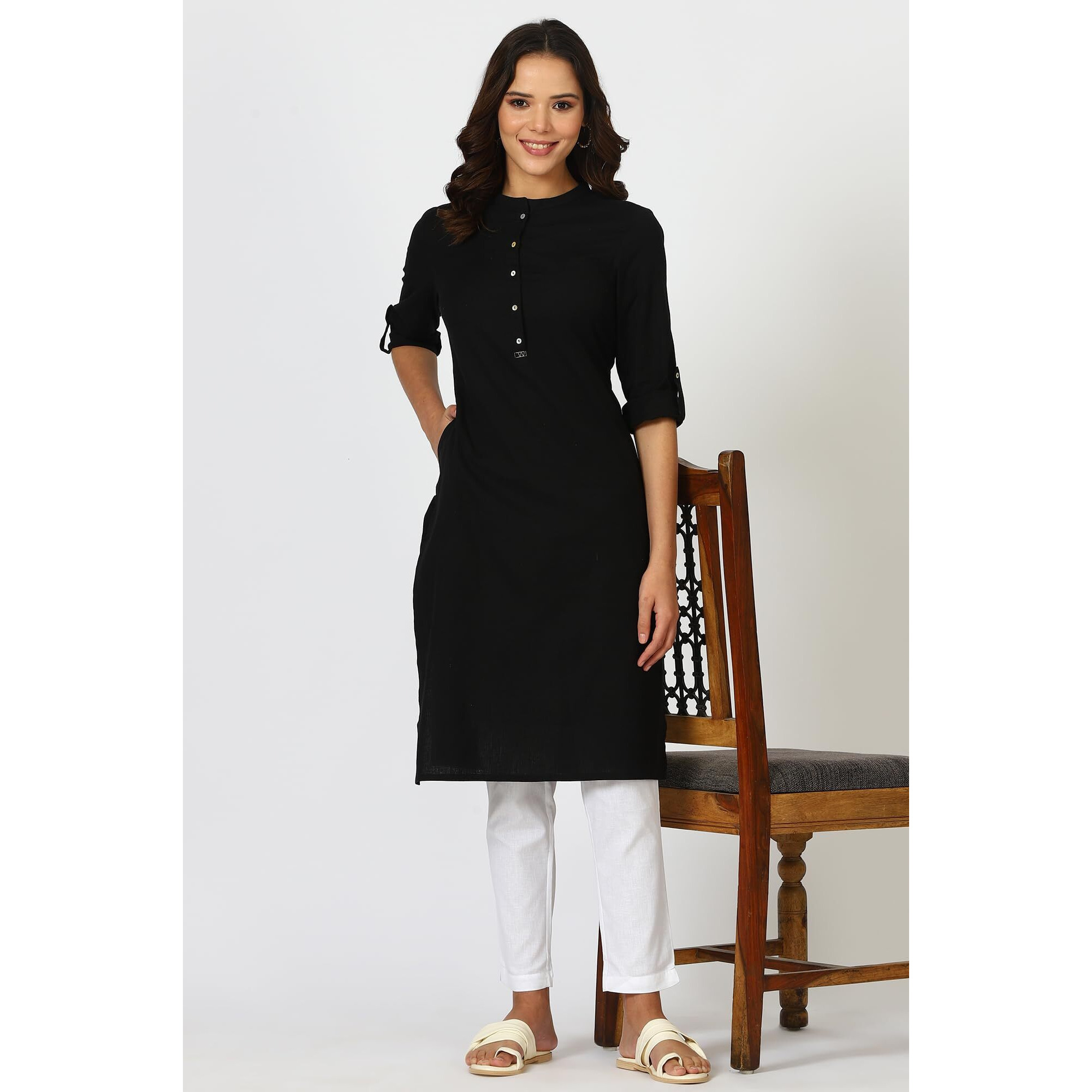 W for Woman Black Solid Cotton Blend Straight Kurta (Size 3XL)-24ONW12285-222983