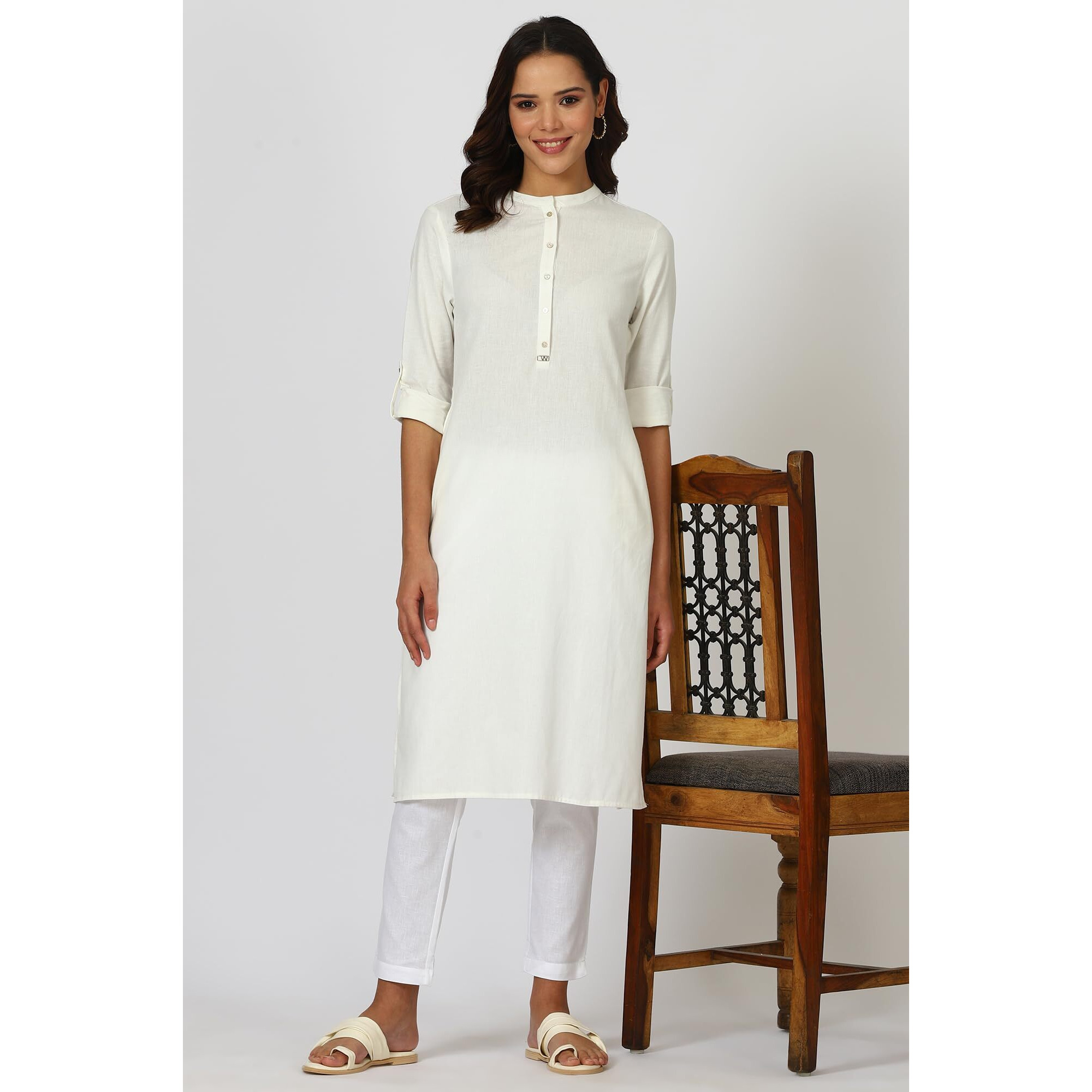 W for Woman White Solid Cotton Blend Straight Kurta (Size S)-24ONW12285-222985