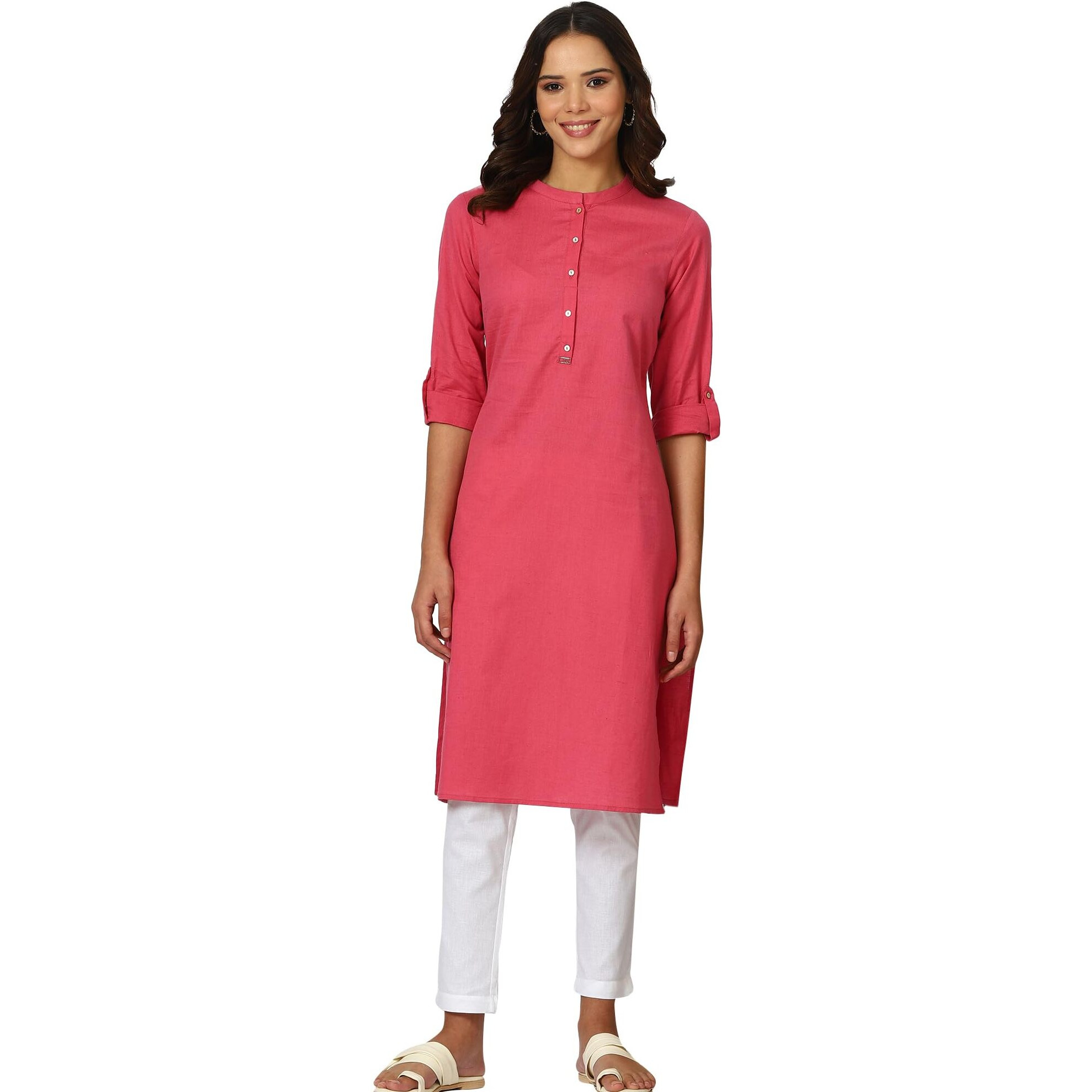 W for Woman Pink Solid Cotton Blend Straight Kurta (Size 2XL)-24ONW12285-222987