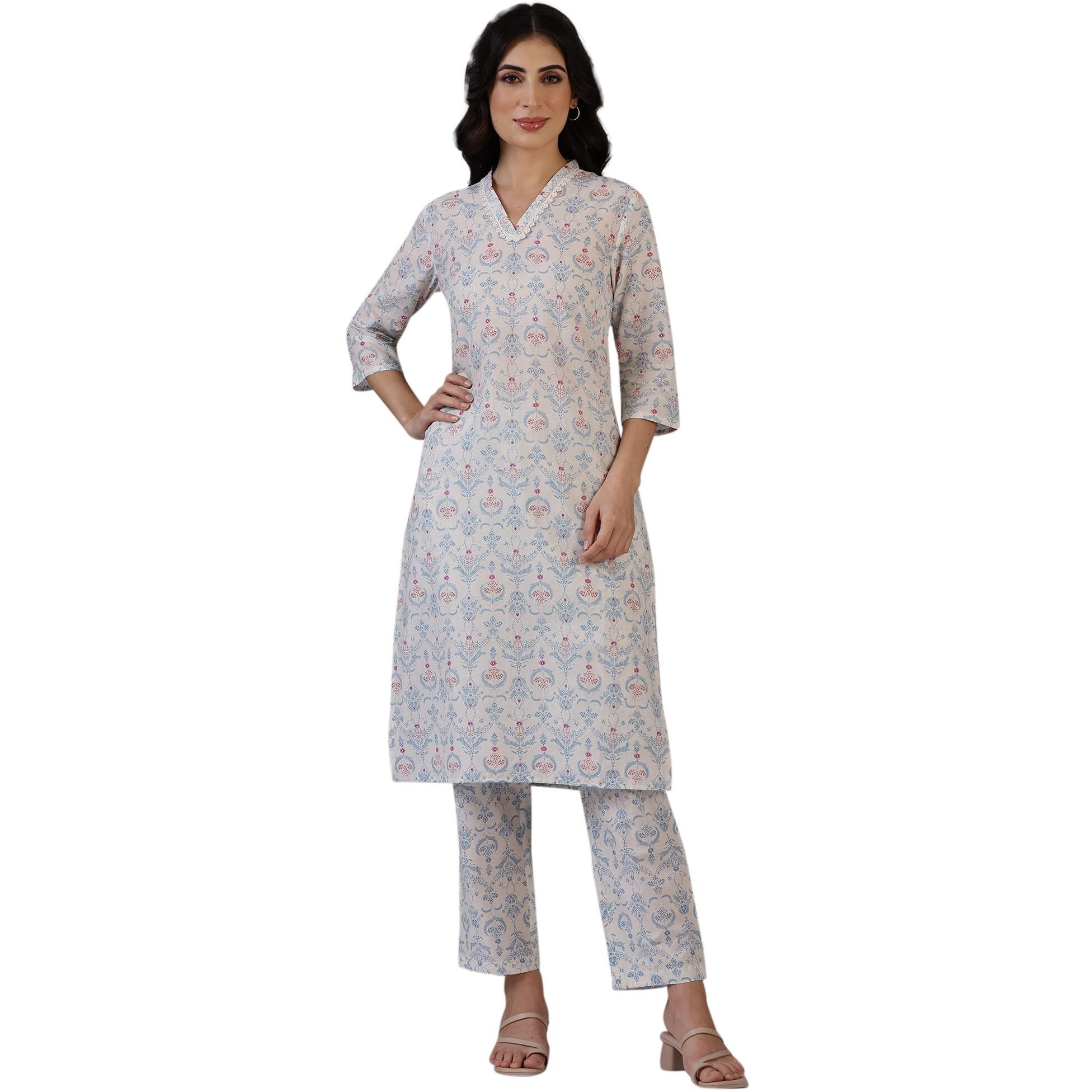 W for Woman Off-White Floral Printed Pure Cotton Straight Kurta and Pants Co-ord Set (Size M)-WS12337-125452