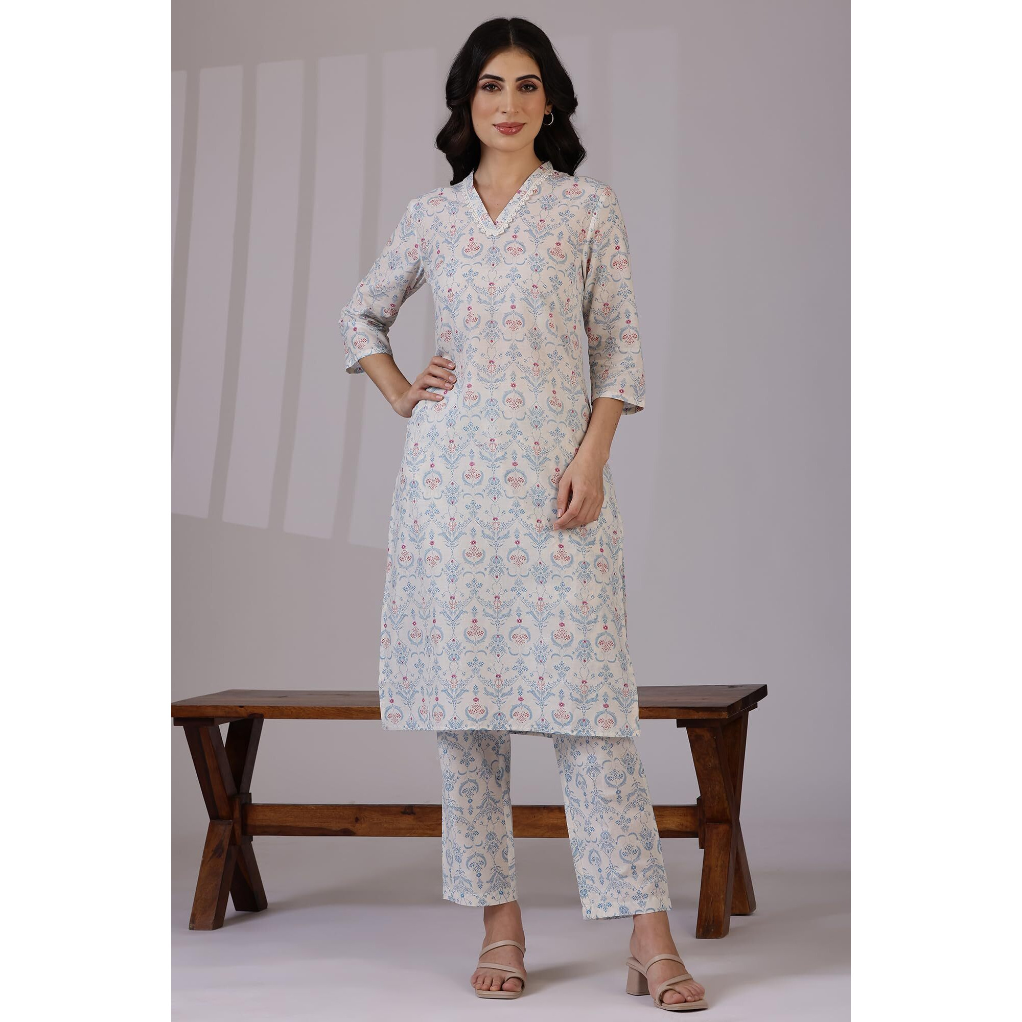 W for Woman Off-White Floral Printed Pure Cotton Straight Kurta and Pants Co-ord Set (Size M)-WS12337-125452